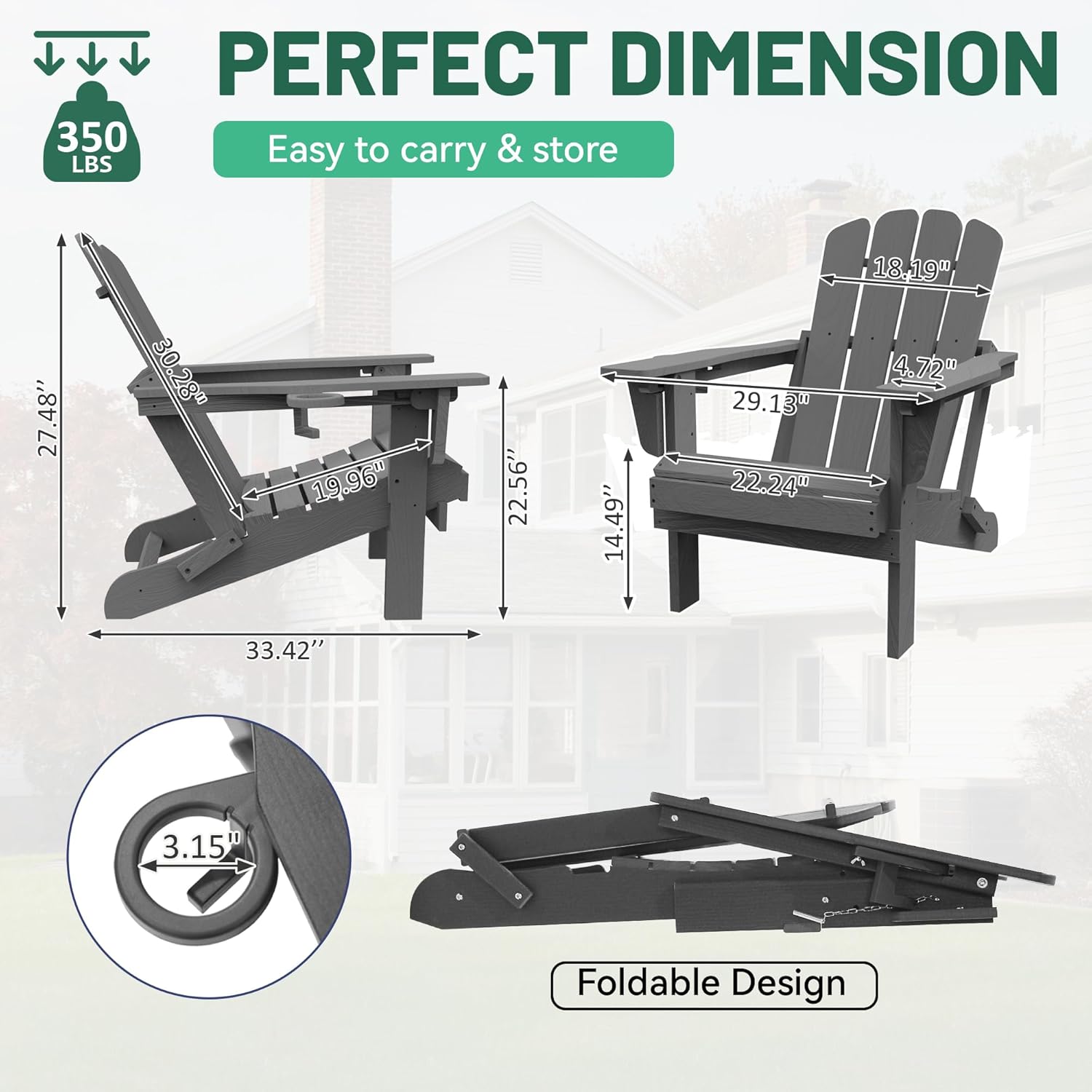 Adirondack Chairs Set of 2, Plastic Adirondack Chair, Adirondack Chairs, HDPE Adirondack Chair, Folding Adirondack Chairs, Outdoor Chairs with Cup Holder for Lawn Patio Deck Fire Pit -Gray