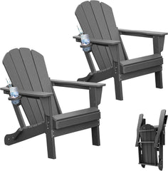 Adirondack Chairs Set of 2, Plastic Adirondack Chair, Adirondack Chairs, HDPE Adirondack Chair, Folding Adirondack Chairs, Outdoor Chairs with Cup Holder for Lawn Patio Deck Fire Pit -Gray