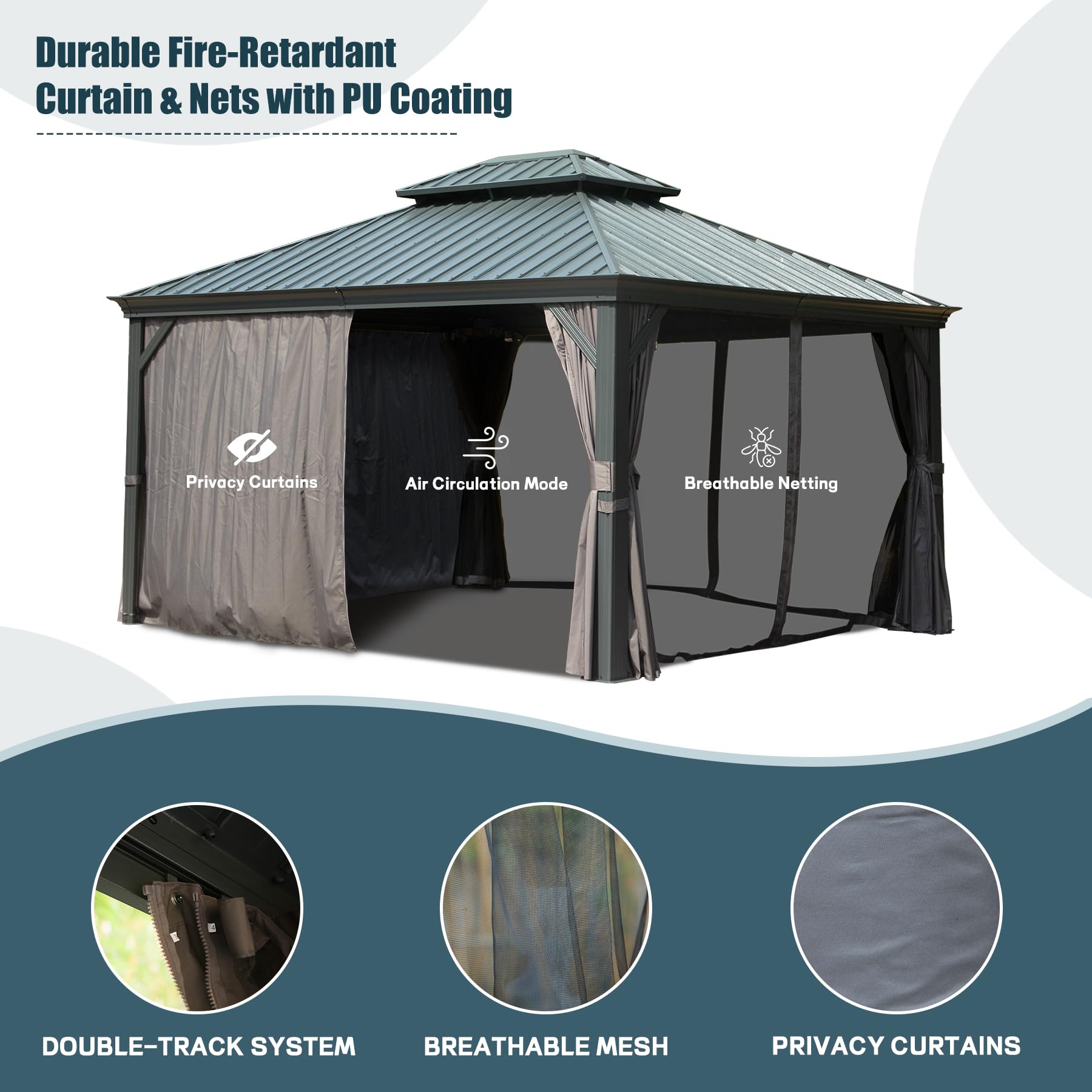 12' X 14' Hardtop Gazebo Permanent Aluminum Outdoor Gazebo with Galvanized Steel Double Roof, Drainage Gutters, Curtains, and Netting for Party, Wedding, Dining