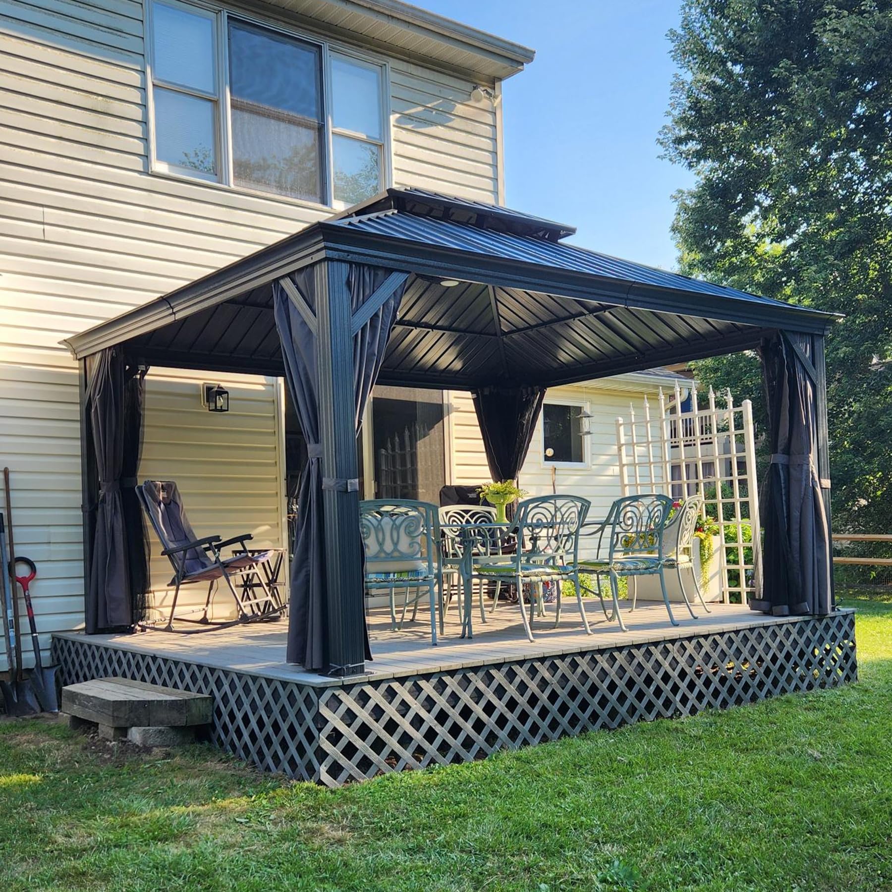12' X 14' Hardtop Gazebo Permanent Aluminum Outdoor Gazebo with Galvanized Steel Double Roof, Drainage Gutters, Curtains, and Netting for Party, Wedding, Dining