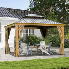 10' X 14' Hardtop Gazebo Outdoor Metal Gazebo Canopy with Galvanized Steel Double Roof, Wood Grain Aluminum Frame, Curtains and Netting for Patio, Deck, Garden