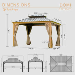 10' X 14' Hardtop Gazebo Outdoor Metal Gazebo Canopy with Galvanized Steel Double Roof, Wood Grain Aluminum Frame, Curtains and Netting for Patio, Deck, Garden