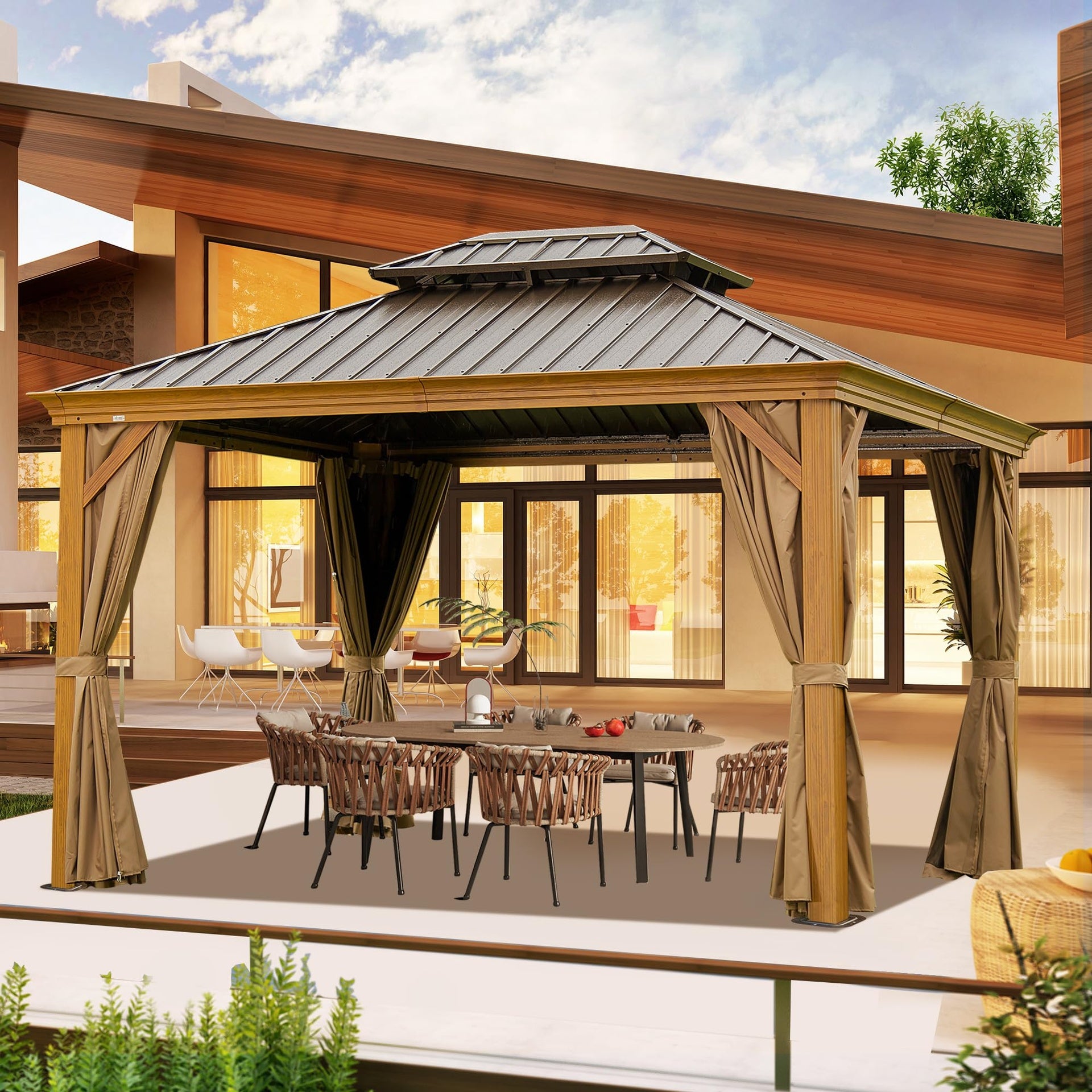 10' X 14' Hardtop Gazebo Outdoor Metal Gazebo Canopy with Galvanized Steel Double Roof, Wood Grain Aluminum Frame, Curtains and Netting for Patio, Deck, Garden