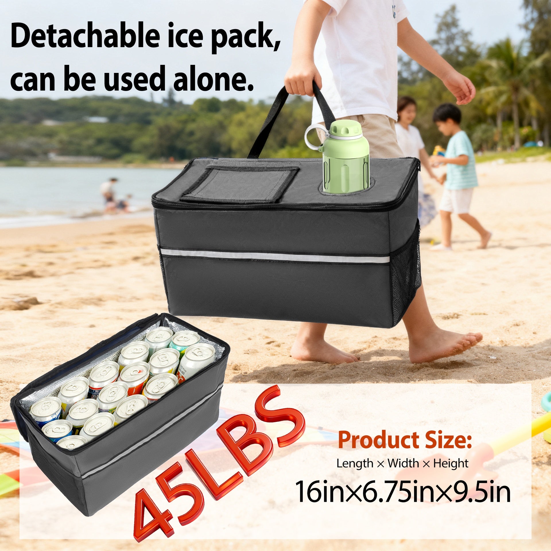 3-in-1 Folding Wagon with Bench Seat – patent protection, Includes 1 ice pack, 500lbs Capacity, 9"x4" Beach Tires for Camping & Beach, gray