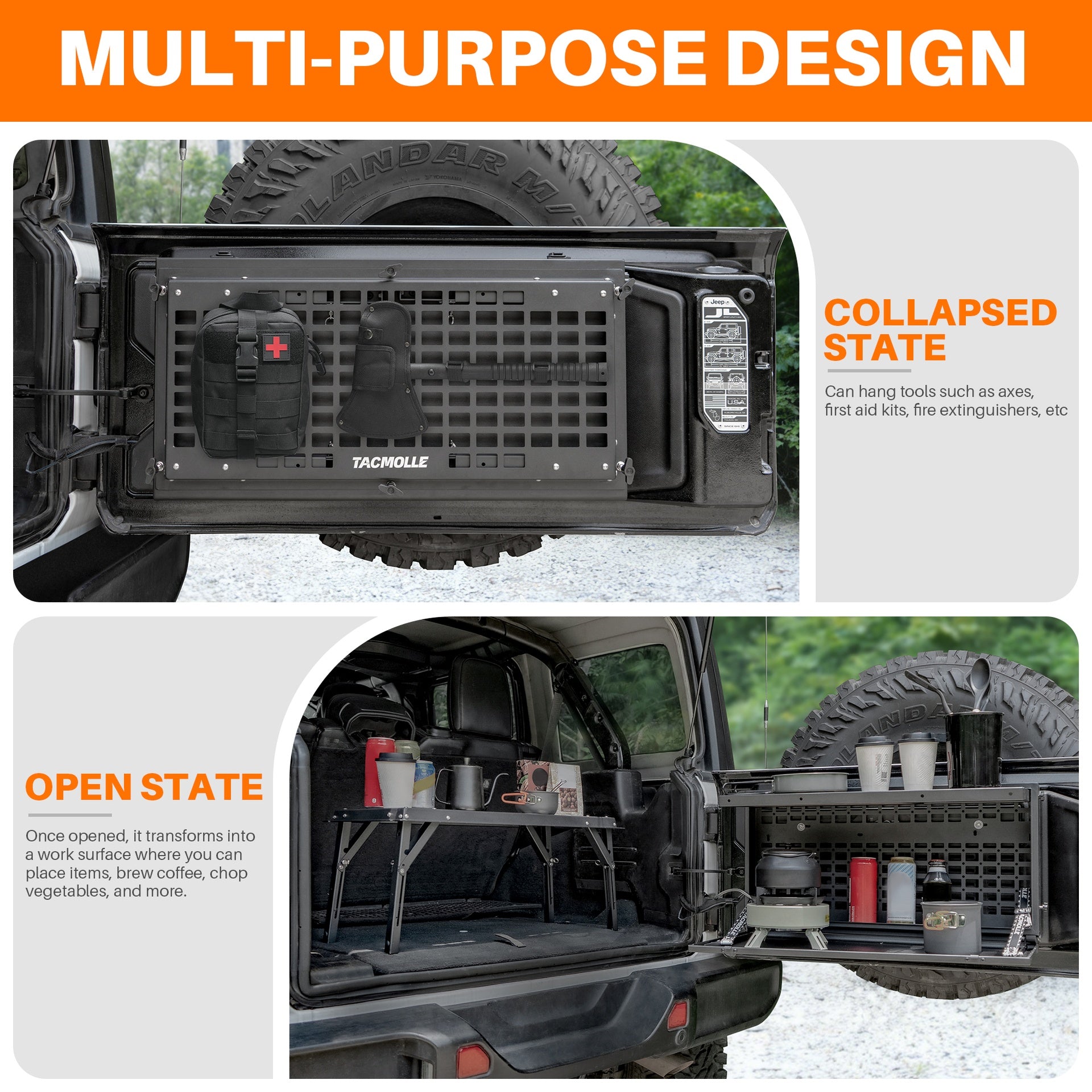 TACMOLLE Tailgate Table –Tailgate Storage Box with Concealed Table for Jeep Wrangler JK 2007-2017& JL 2018+ (not fit JK models with subwoofer)