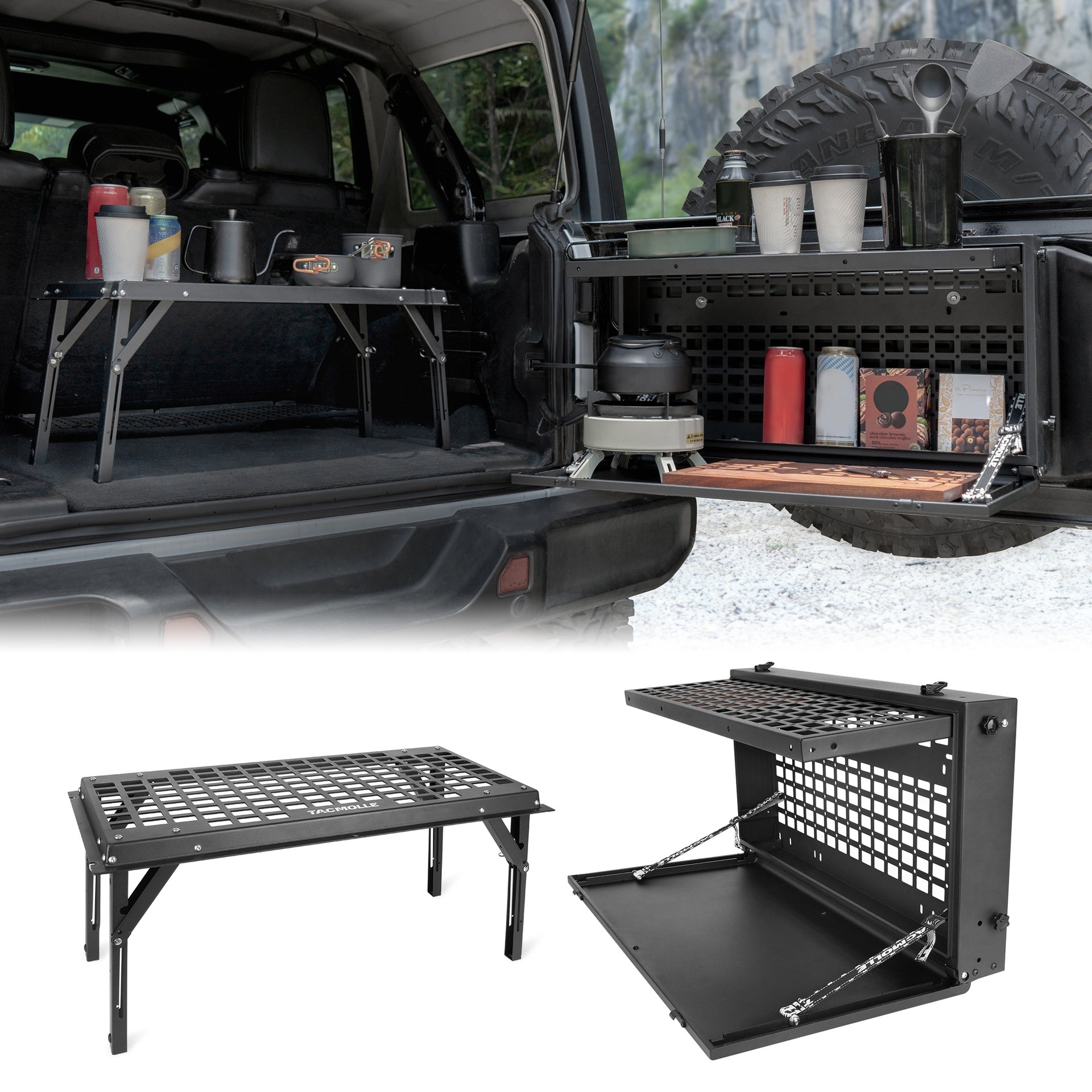 TACMOLLE Tailgate Table –Tailgate Storage Box with Concealed Table for Jeep Wrangler JK 2007-2017& JL 2018+ (not fit JK models with subwoofer)
