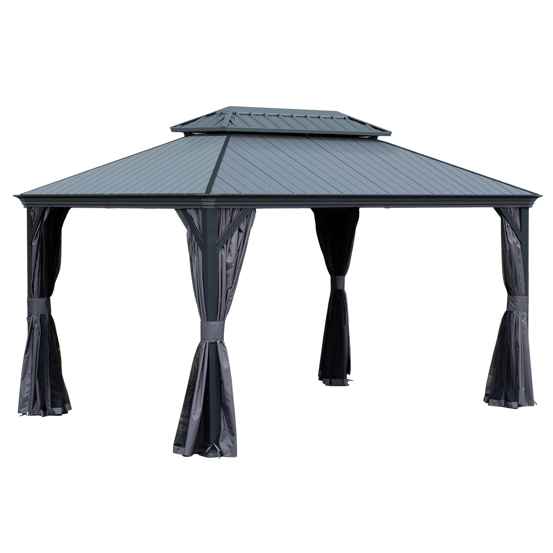 10'x14' Hardtop Gazebo with Resin Roof, Outdoor Metal Gazebo with Drainage Gutters, Permanent Heavy Duty Pavilion for Patio, Backyard and Deck, Curtains and Mosquito Netting Included