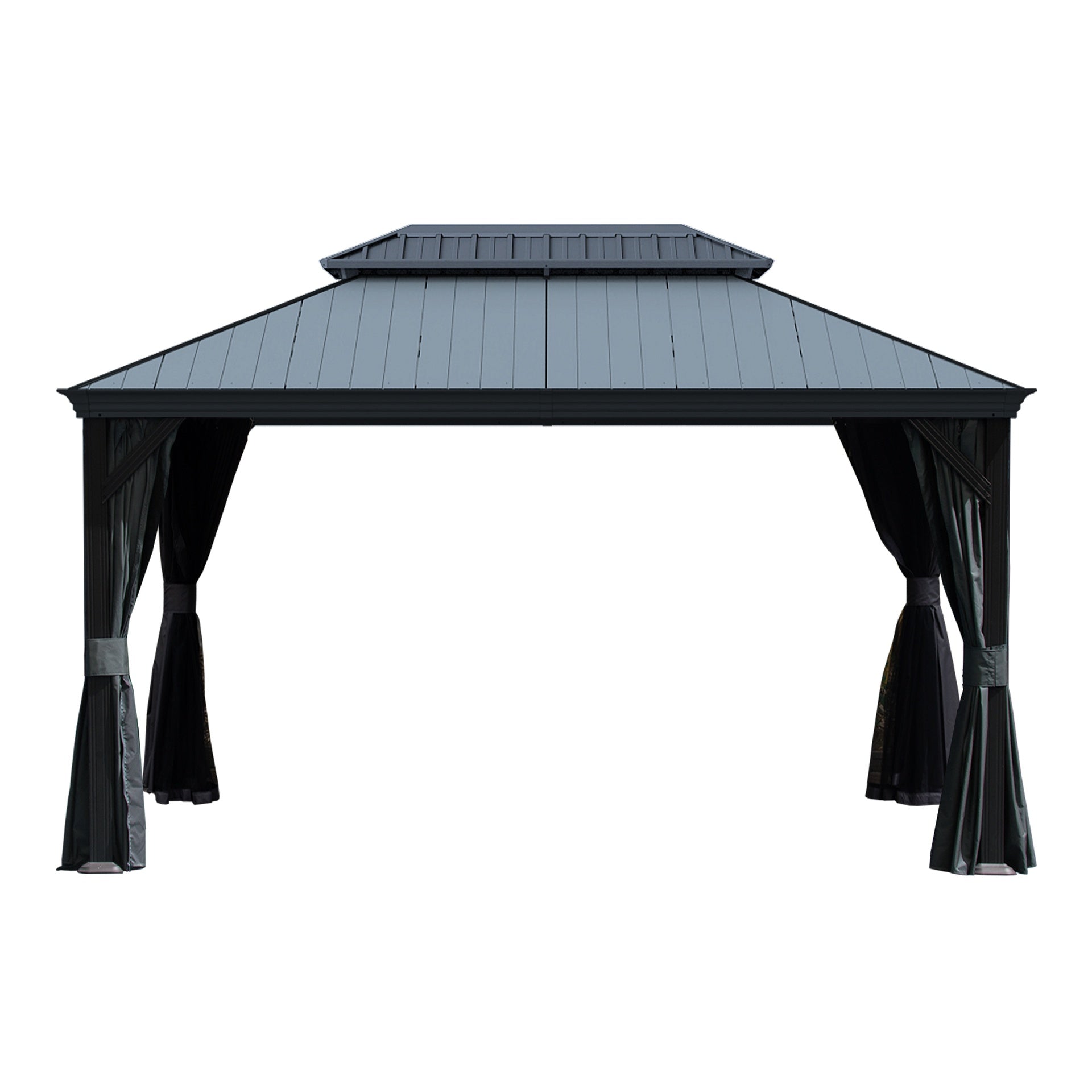 10'x14' Hardtop Gazebo with Resin Roof, Outdoor Metal Gazebo with Drainage Gutters, Permanent Heavy Duty Pavilion for Patio, Backyard and Deck, Curtains and Mosquito Netting Included