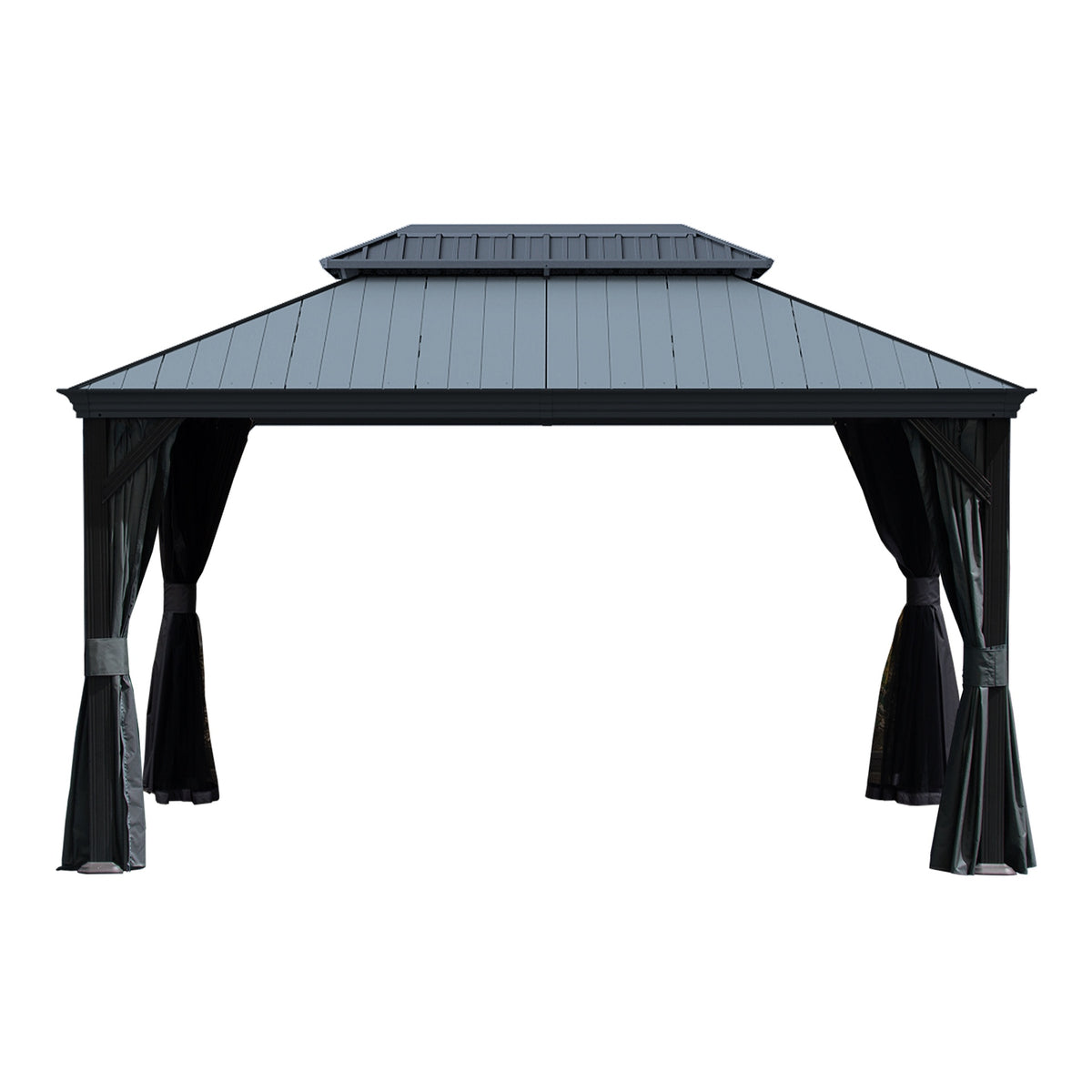 10'x14' Hardtop Gazebo with Resin Roof, Outdoor Metal Gazebo with Drainage Gutters, Permanent Heavy Duty Pavilion for Patio, Backyard and Deck, Curtains and Mosquito Netting Included