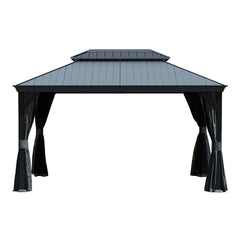 10'x14' Hardtop Gazebo with Resin Roof, Outdoor Metal Gazebo with Drainage Gutters, Permanent Heavy Duty Pavilion for Patio, Backyard and Deck, Curtains and Mosquito Netting Included