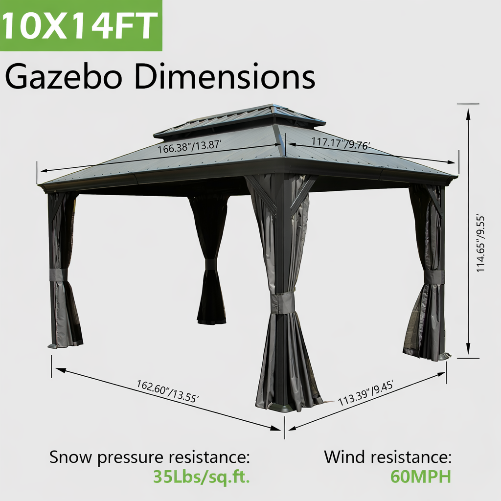 10'x14' Hardtop Gazebo with Resin Roof, Outdoor Metal Gazebo with Drainage Gutters, Permanent Heavy Duty Pavilion for Patio, Backyard and Deck, Curtains and Mosquito Netting Included