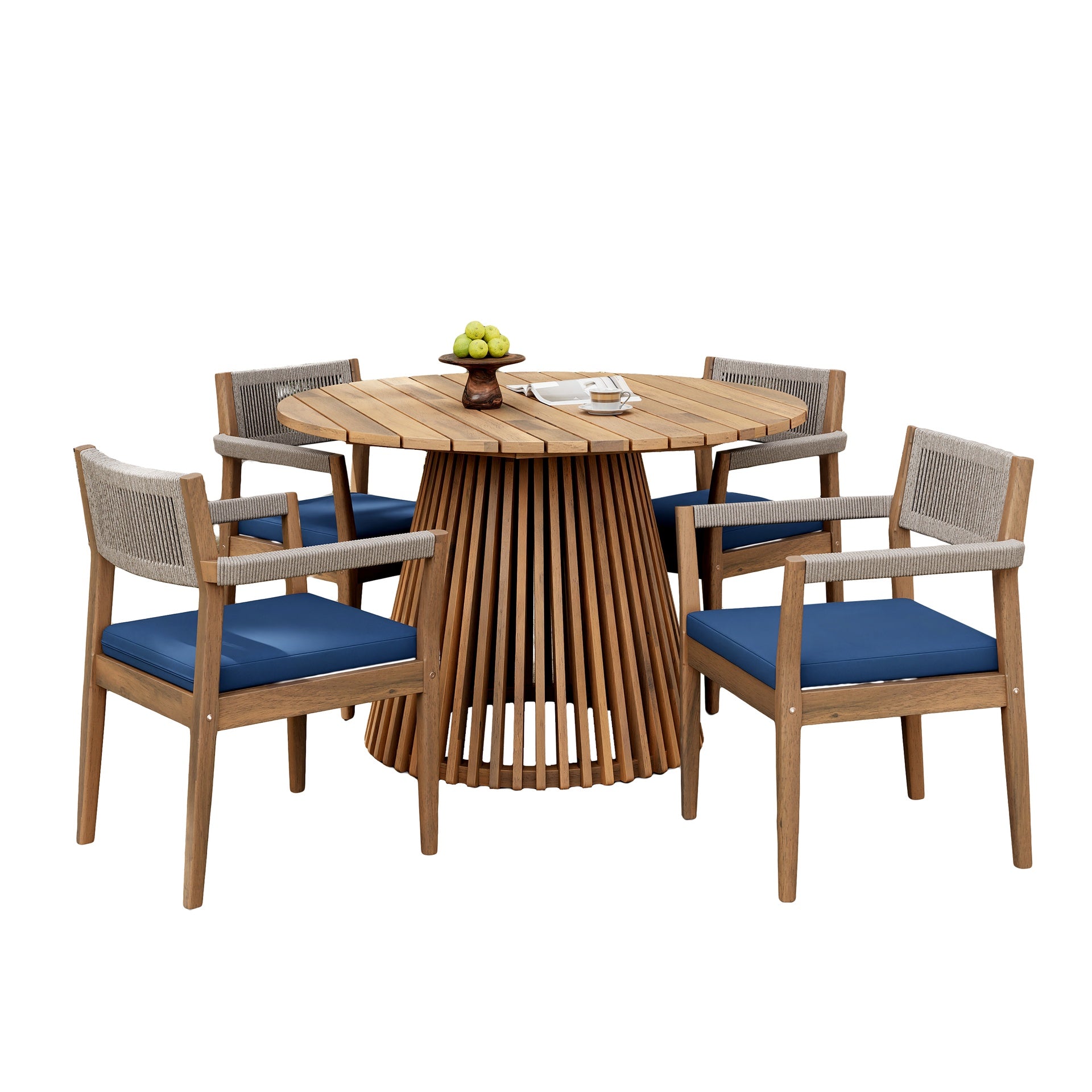 Patio Set Outdoor Acacia Wood Furniture Sets- Braided Dining Chairs(With Navy Cushion)and Patio Dining Table for Garden, Patio & Deck (Teak Look & Beige Rope)
