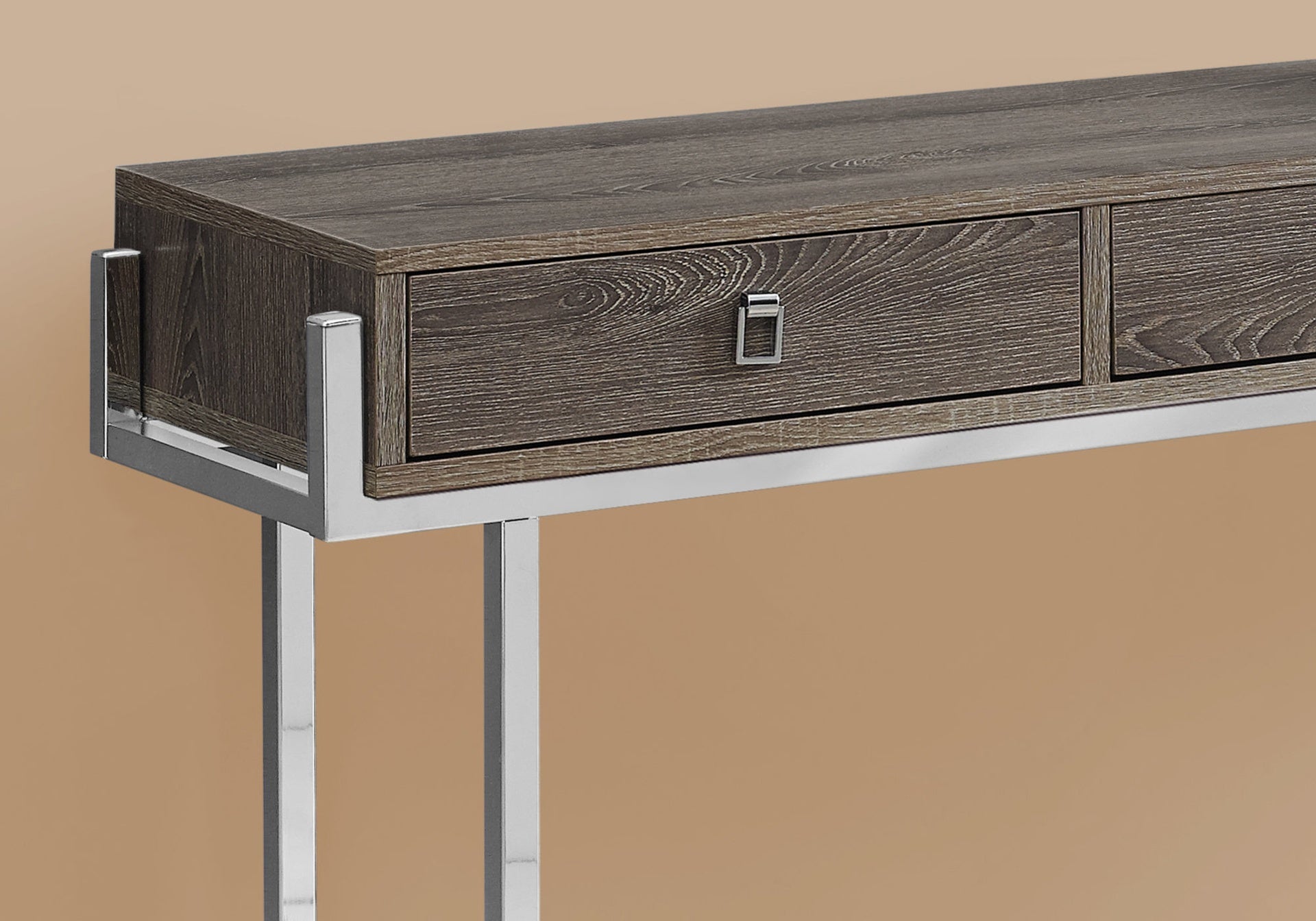 Accent Table, Console, Entryway, Narrow, Sofa, Storage Drawer, Living Room, Bedroom, Brown Laminate, Chrome Metal, Contemporary, Modern