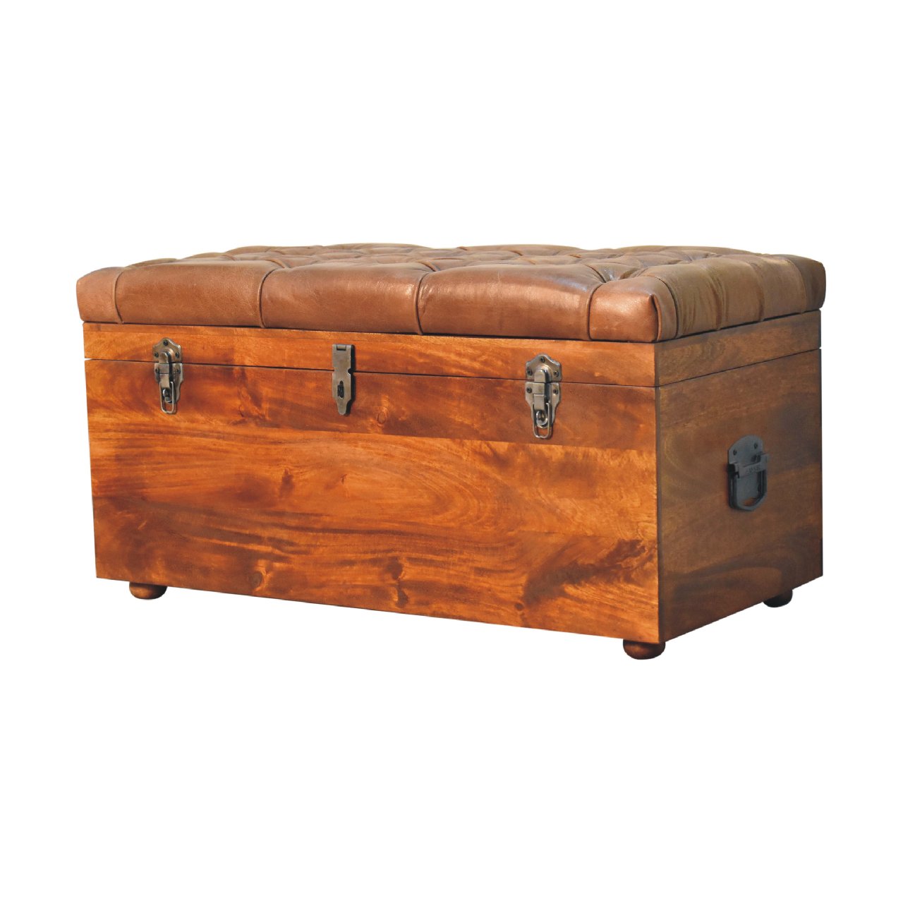 Solid Wood Buffalo Leather Upholstered Hide Chestnut Storage Trunk, Tan & Brown