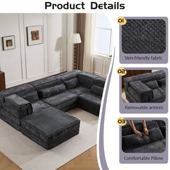 Compression Mahjong Sofa,Convertible Floor Sofa Bed,DIY Boneless Modular Sectional Sofa,No Assembly Required,Circle fleece fabric,Oversized 4 Seater with 1 Ottoman,Dark-grey