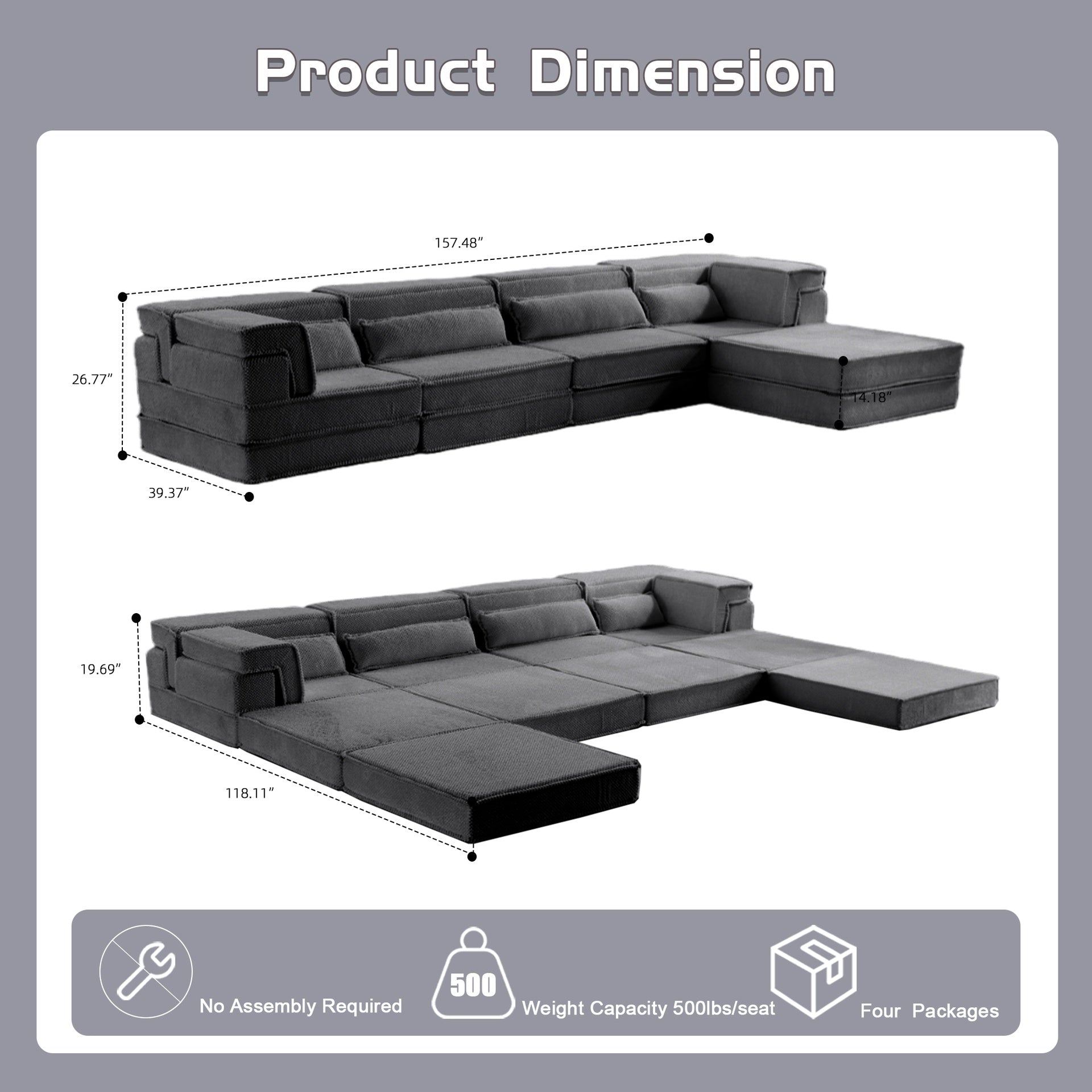 Compression Mahjong Sofa,Convertible Floor Sofa Bed,DIY Boneless Modular Sectional Sofa,No Assembly Required,Circle fleece fabric,Oversized 4 Seater with 1 Ottoman,Dark-grey