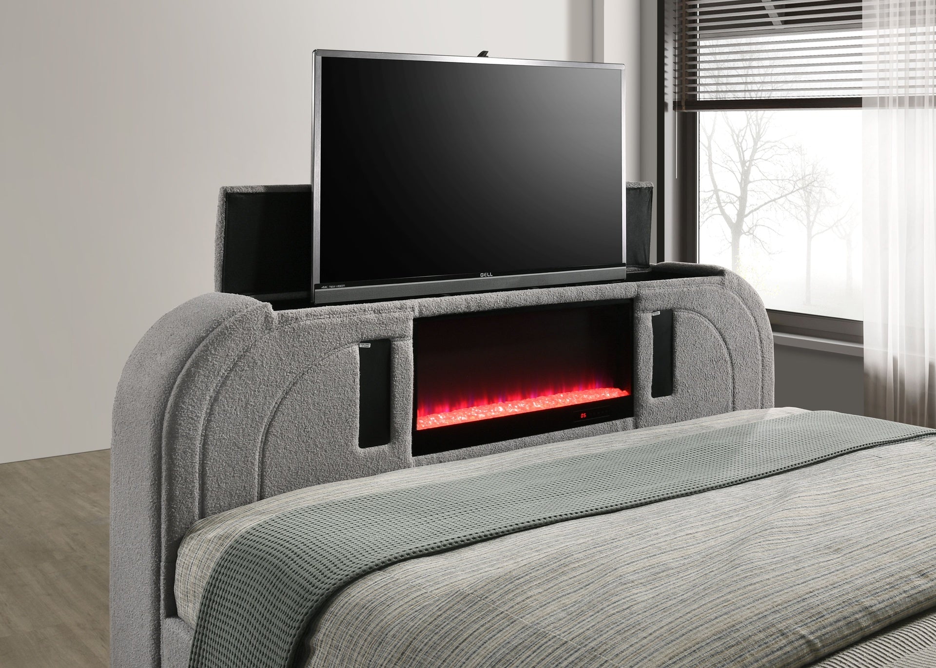 Shelyn Gray Teddy Sherpa & Chrome EK Bed w/Led, TV Stand, Fireplace & Bluetooth