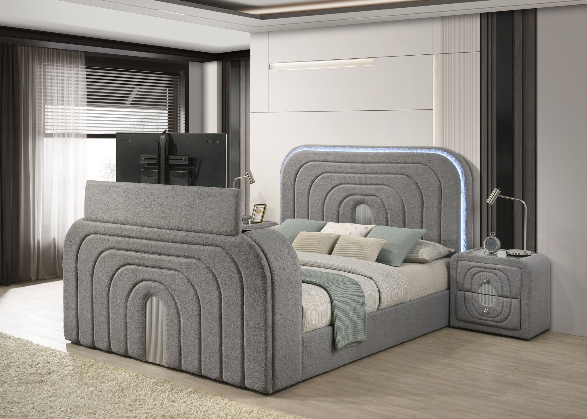 Shelyn Gray Teddy Sherpa & Chrome EK Bed w/Led, TV Stand, Fireplace & Bluetooth