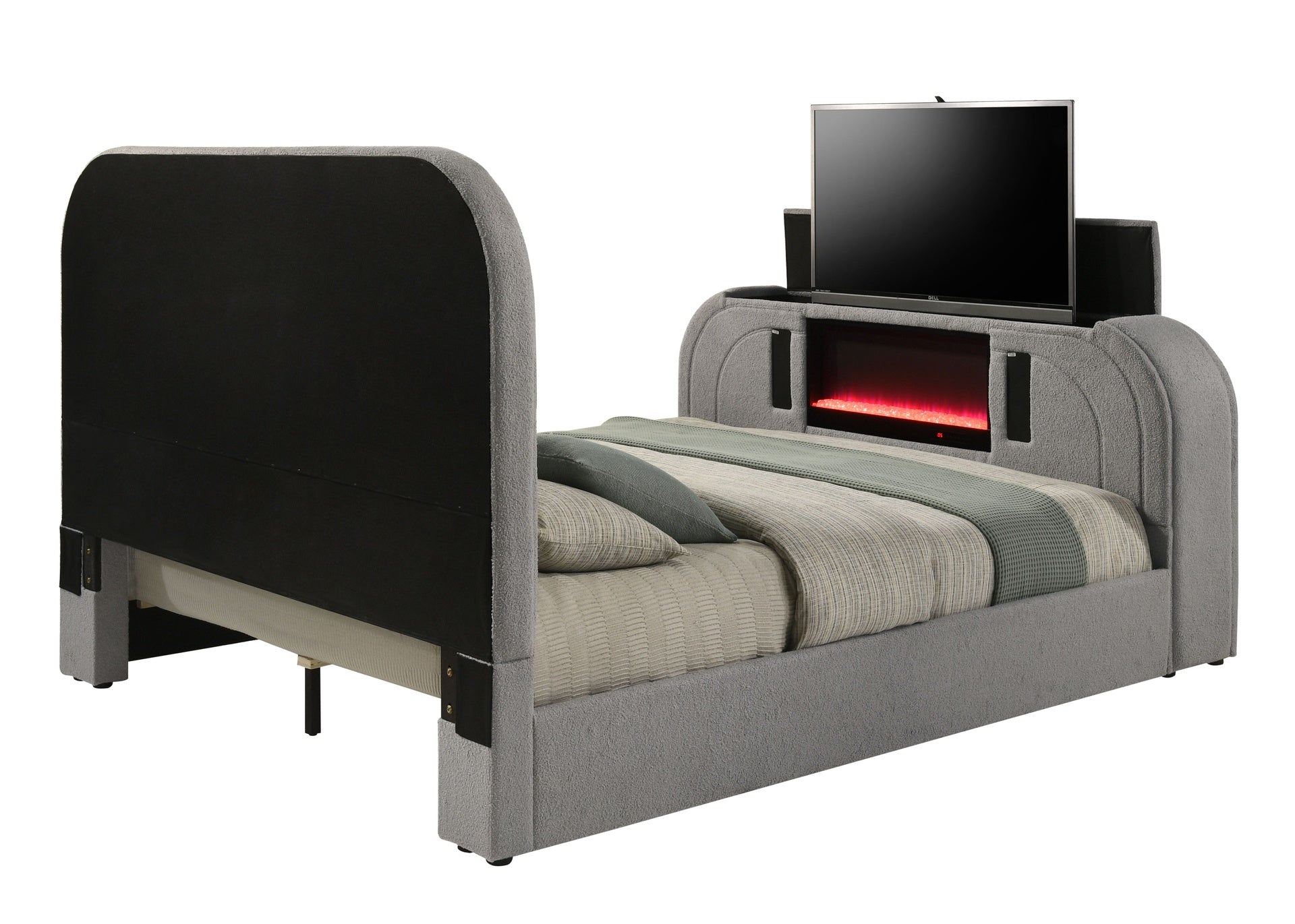 Shelyn Gray Teddy Sherpa & Chrome EK Bed w/Led, TV Stand, Fireplace & Bluetooth