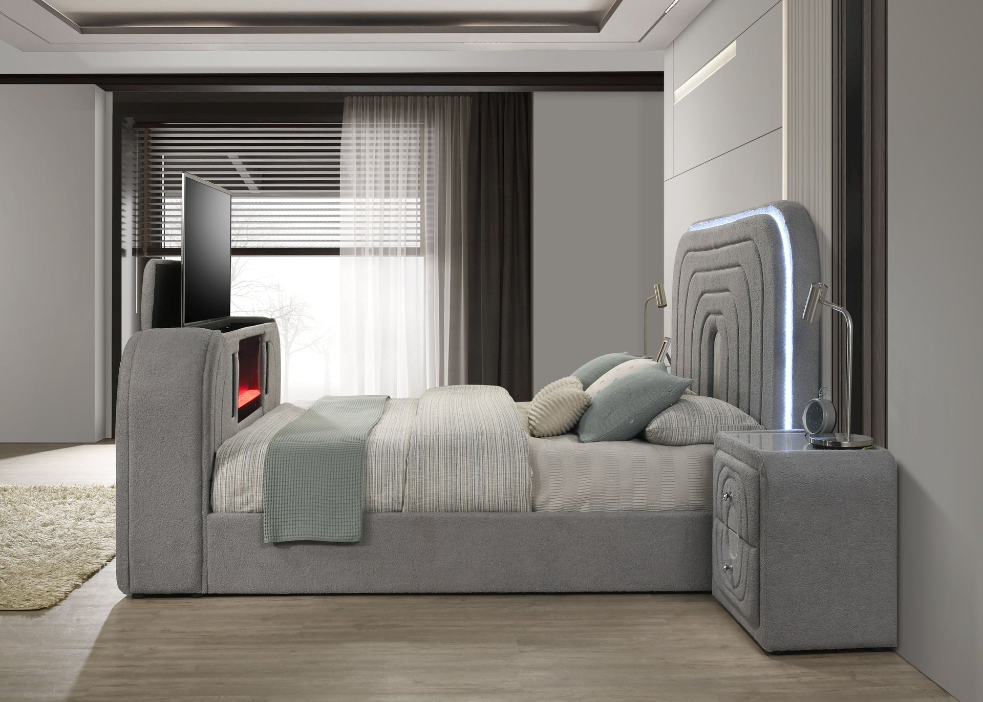 Shelyn Gray Teddy Sherpa & Chrome EK Bed w/Led, TV Stand, Fireplace & Bluetooth