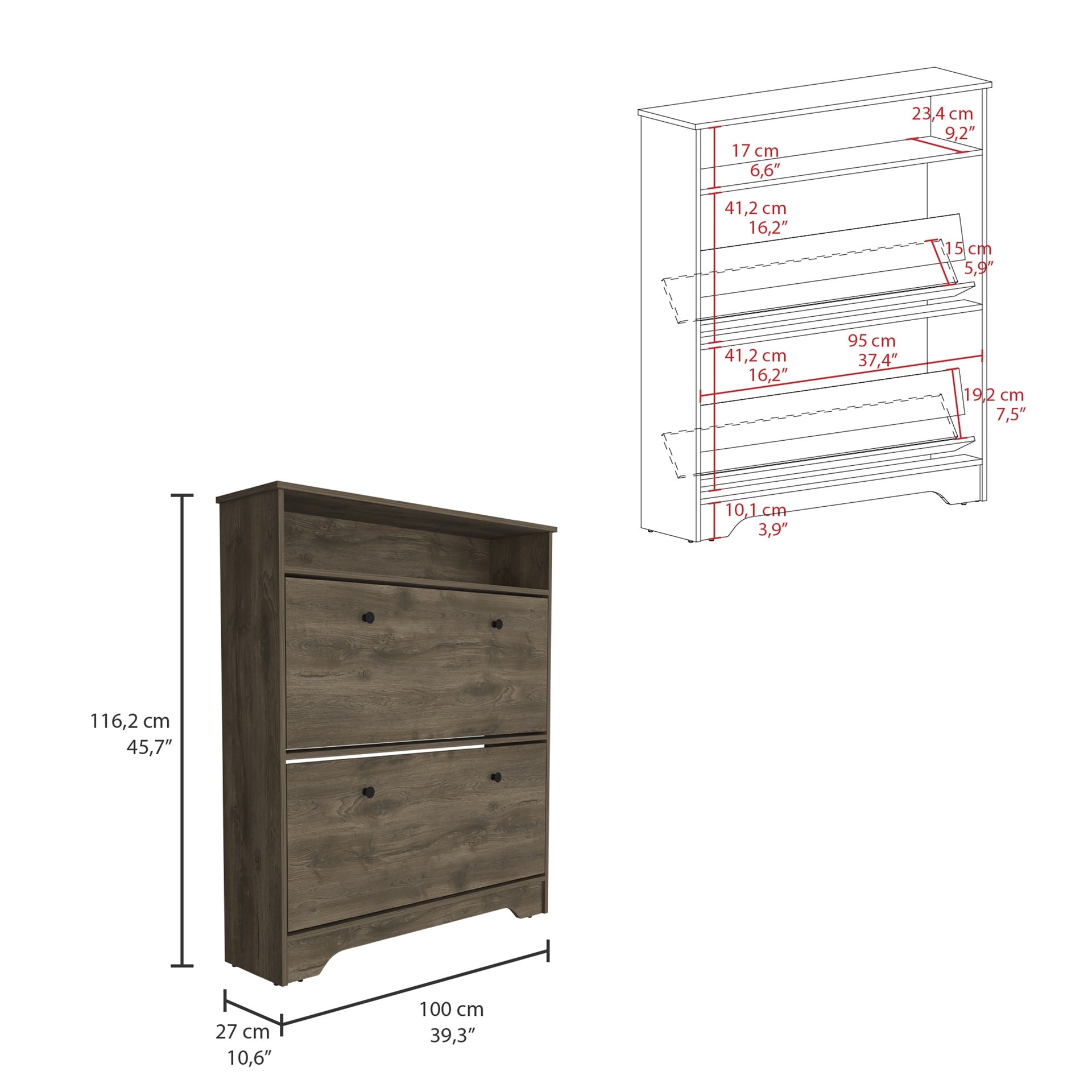 Calgary Shoe Rack, Superior Top, One Open Shelf, Two Extendable Shelves -Dark Brown