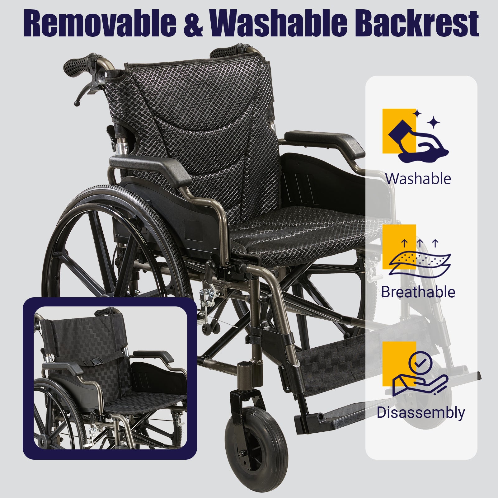 Aluminum Alloy Transport Wheelchair. 18" Seats. With front and Rear Locking Hand Brakes. 24" Quick Remove Rear Wheel.Nanometer Grey