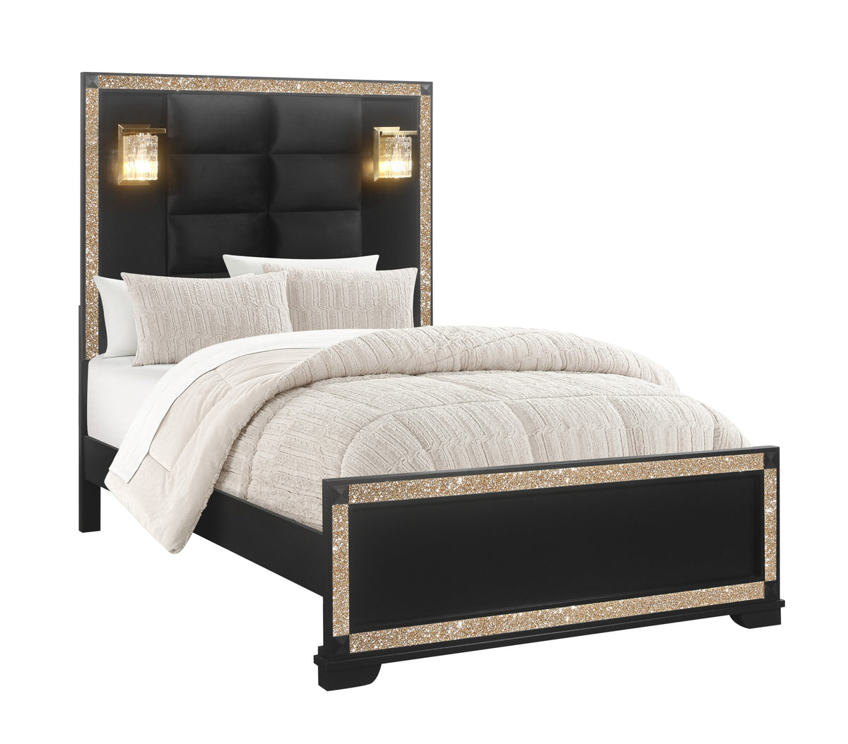 LIVELY BLACK/GOLD FULL BED WITH LAMPS