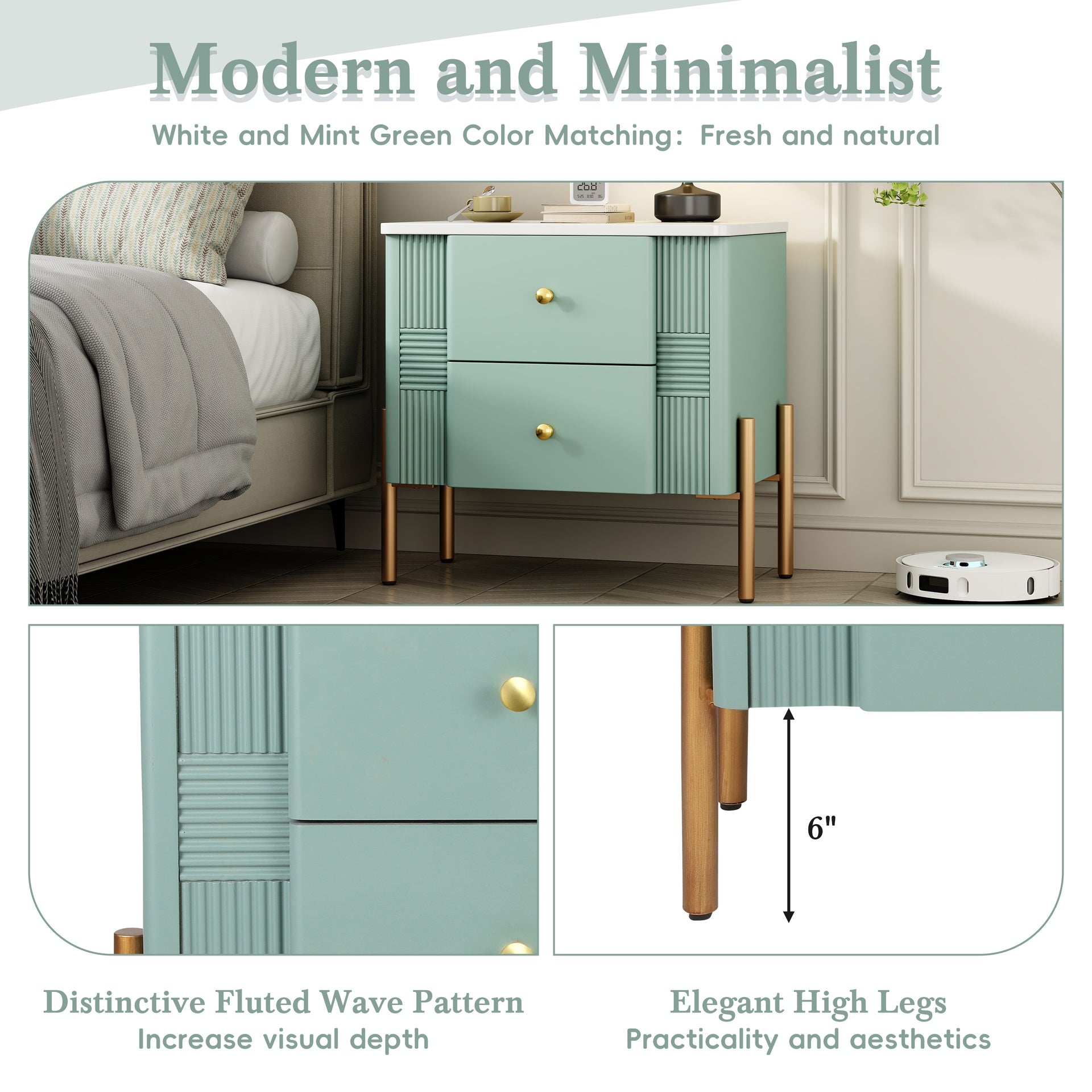 Modern Nightstand with 2 Storage Drawer, Fluted Bedside Table with Golden Metal Handles and Legs, End Table for Living Room and Bedroom, Easy Assembly, Green