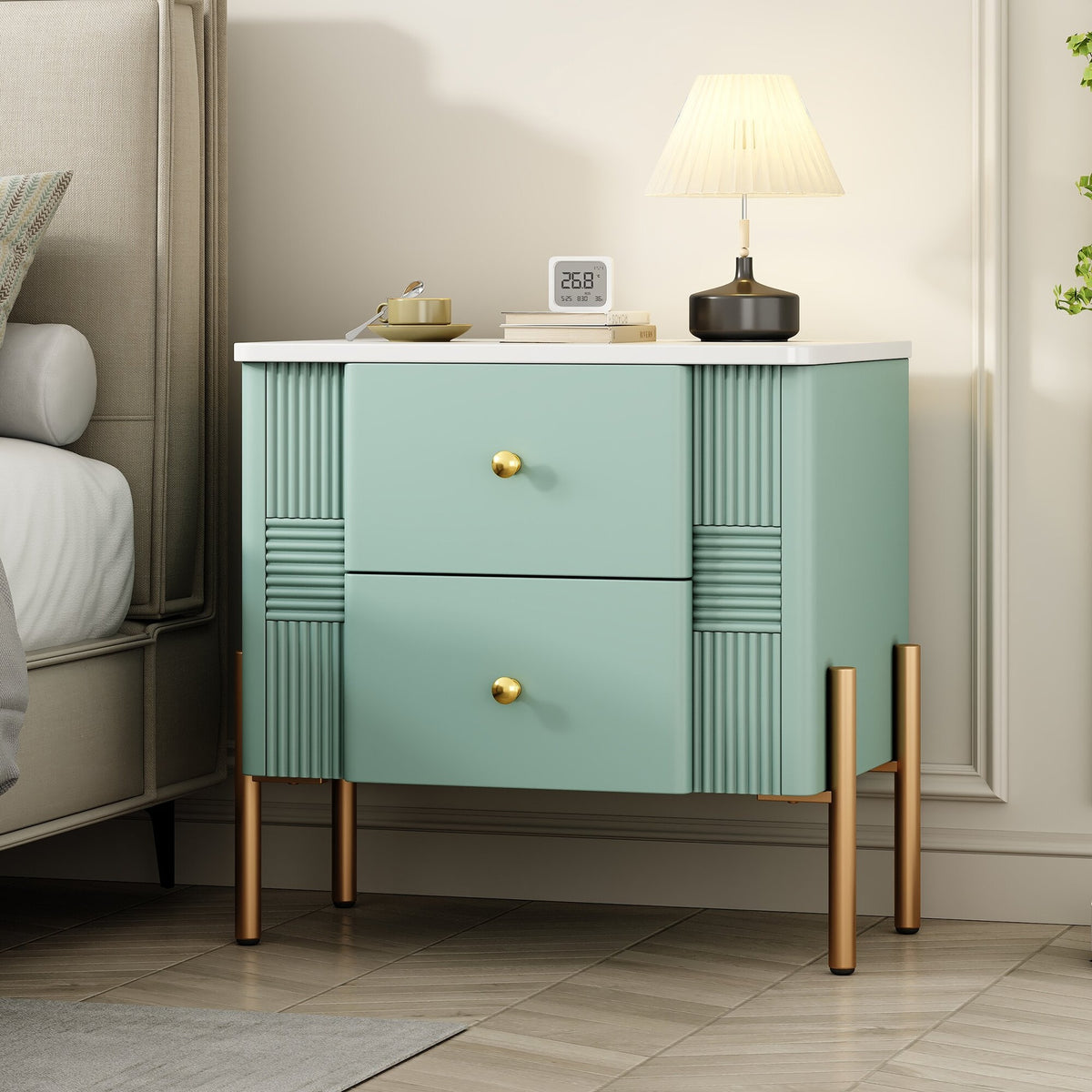 Modern Nightstand with 2 Storage Drawer, Fluted Bedside Table with Golden Metal Handles and Legs, End Table for Living Room and Bedroom, Easy Assembly, Green