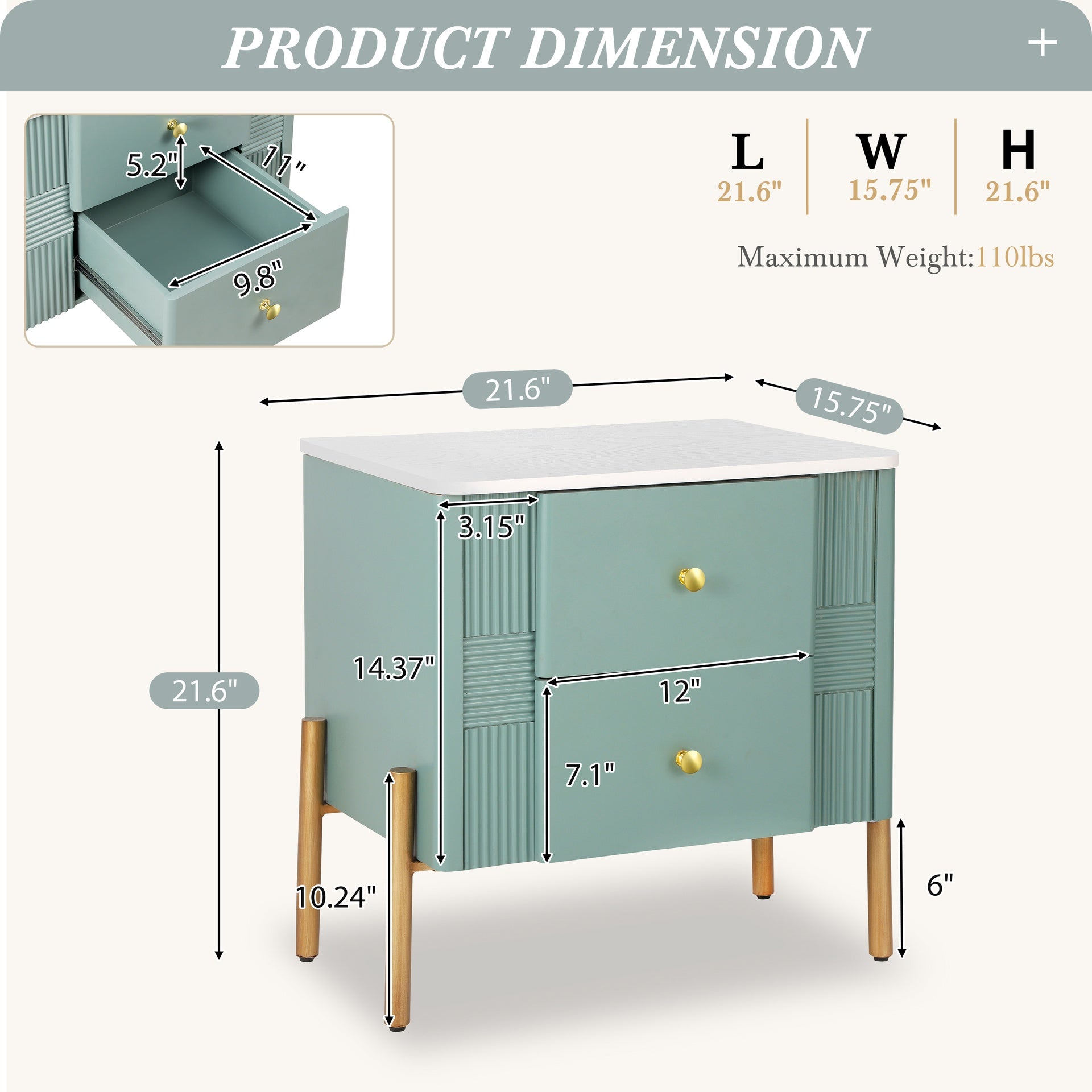 Modern Nightstand with 2 Storage Drawer, Fluted Bedside Table with Golden Metal Handles and Legs, End Table for Living Room and Bedroom, Easy Assembly, Green