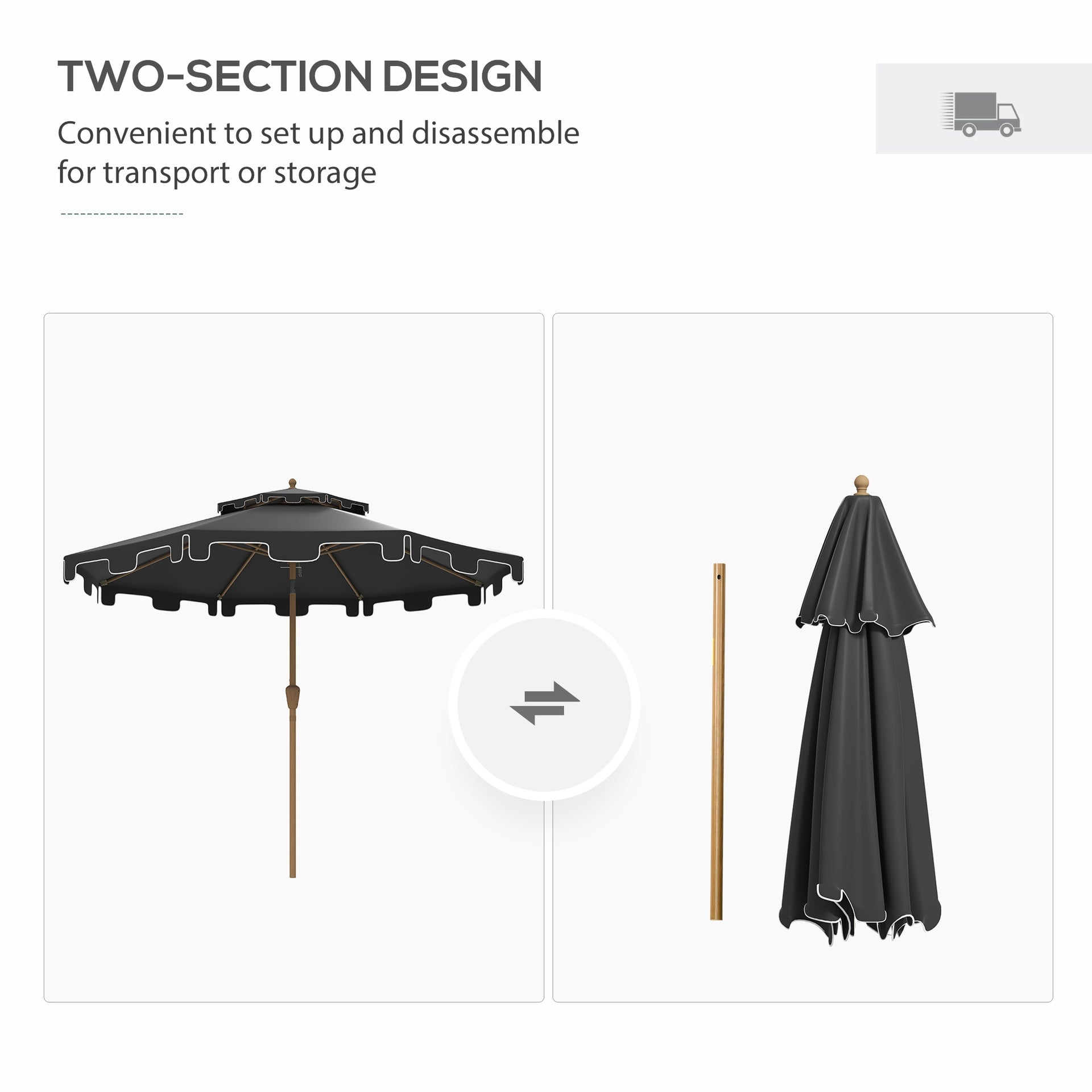 Outsunny 9' Patio Umbrella with Push Button Tilt and Crank, Double Top Ruffled Outdoor Market Table Umbrella with 8 Ribs, for Garden, Deck, Pool, Dark Gray