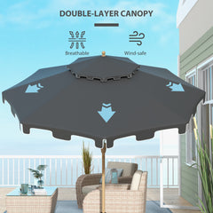 Outsunny 9' Patio Umbrella with Push Button Tilt and Crank, Double Top Ruffled Outdoor Market Table Umbrella with 8 Ribs, for Garden, Deck, Pool, Dark Gray