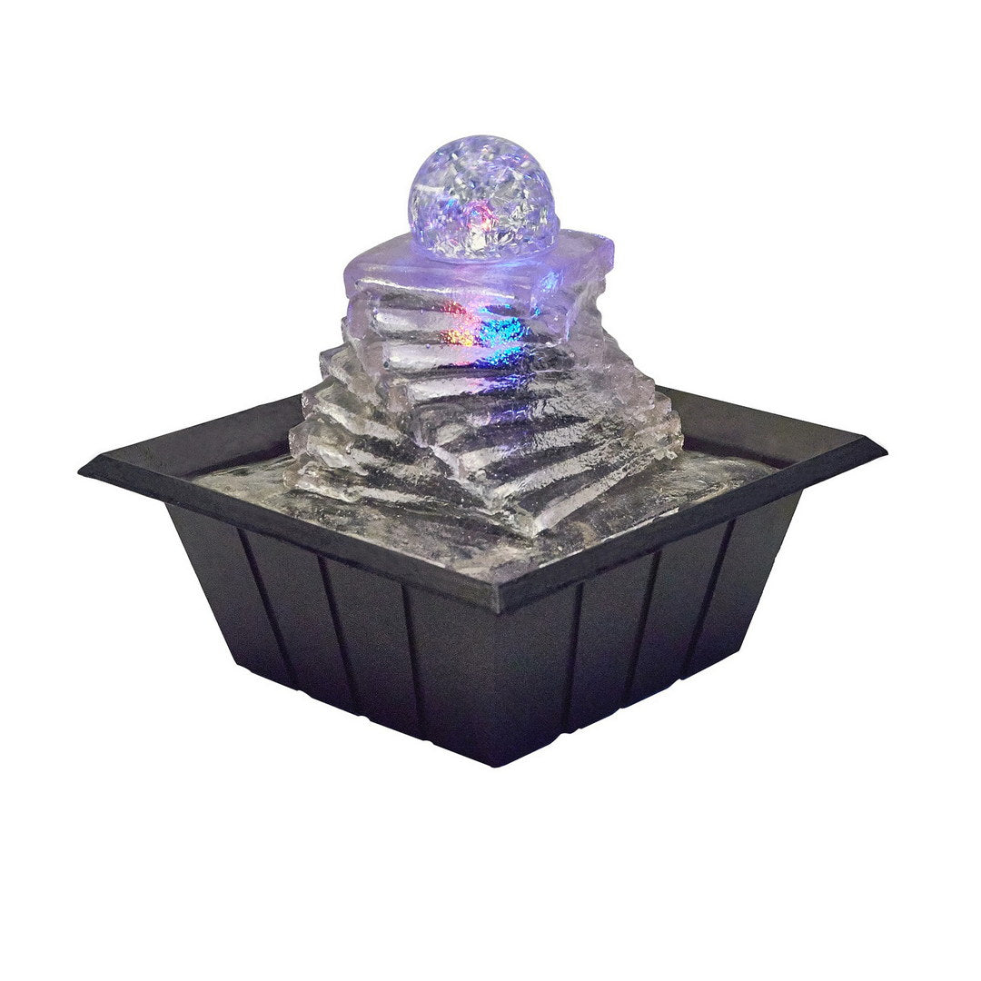 8" Tall Polyresin Indoor Fountain, LED Light and 1L Capacity, Spiral Ice Design