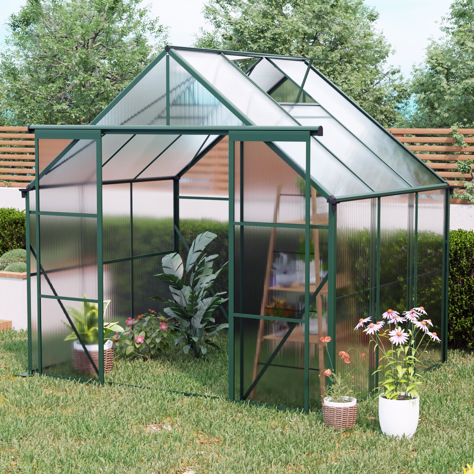8X6FT-Green Double Door Polycarbonate Greenhouse Raised Base and Anchor Aluminum Heavy Duty Walk-in Greenhouses for Outdoor Backyard in All Season
