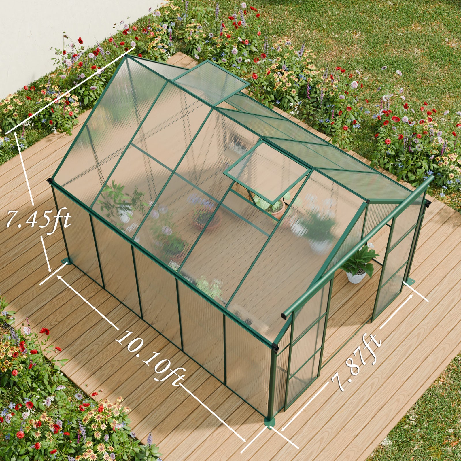 8x10FT Double Door Polycarbonate Greenhouse Raised Base and Anchor Aluminum Heavy Duty Walk-in Greenhouses for Outdoor Backyard in All Season,Green
