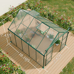 8x10FT Double Door Polycarbonate Greenhouse Raised Base and Anchor Aluminum Heavy Duty Walk-in Greenhouses for Outdoor Backyard in All Season,Green