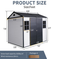 8 x 6 ft Resin Outdoor Storage Shed Waterproof Shed with Floor & Two Windows & Lockable Door, Tool Shed for Garden, Patio, Backyard,Black White
