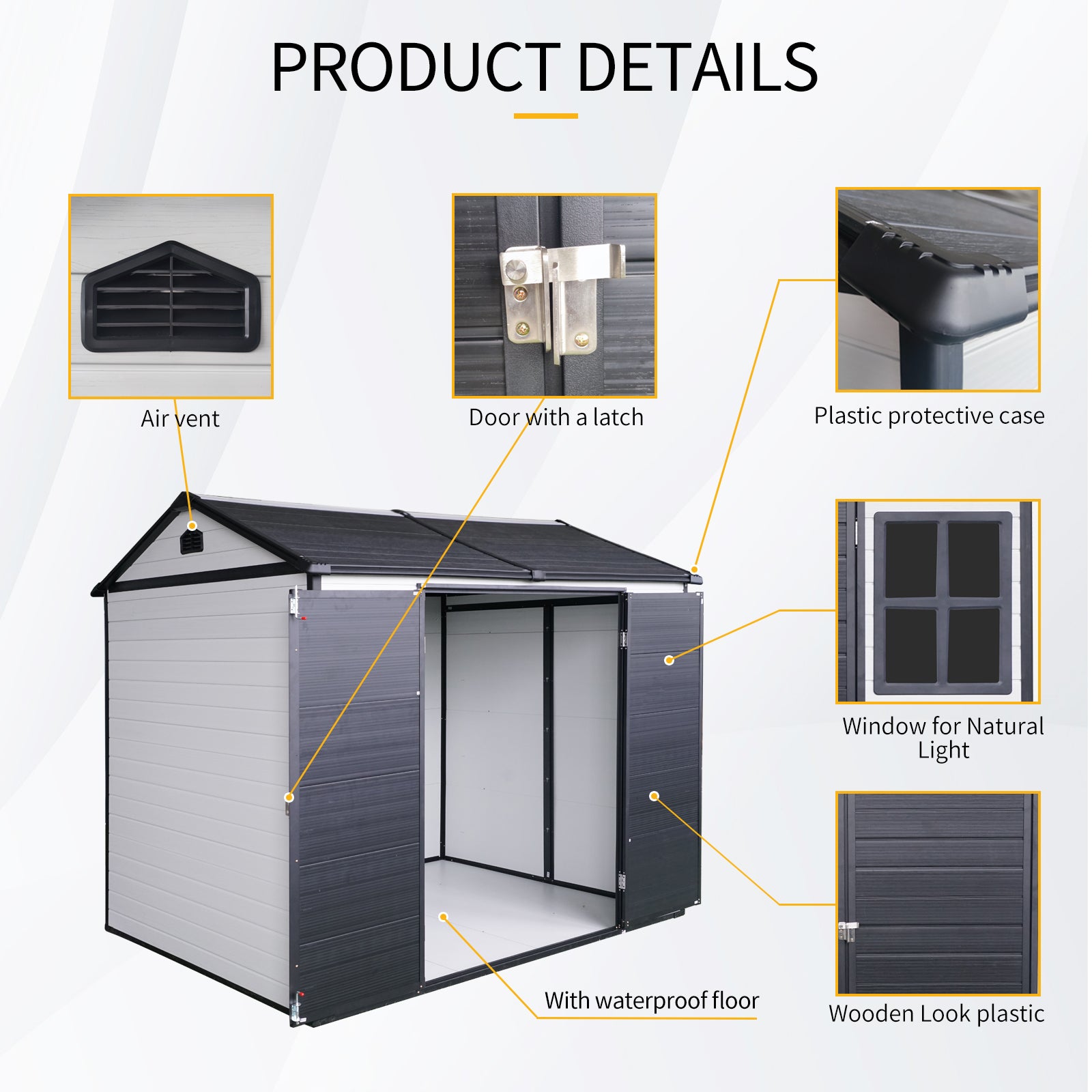 8 x 6 ft Resin Outdoor Storage Shed Waterproof Shed with Floor & Two Windows & Lockable Door, Tool Shed for Garden, Patio, Backyard,Black White