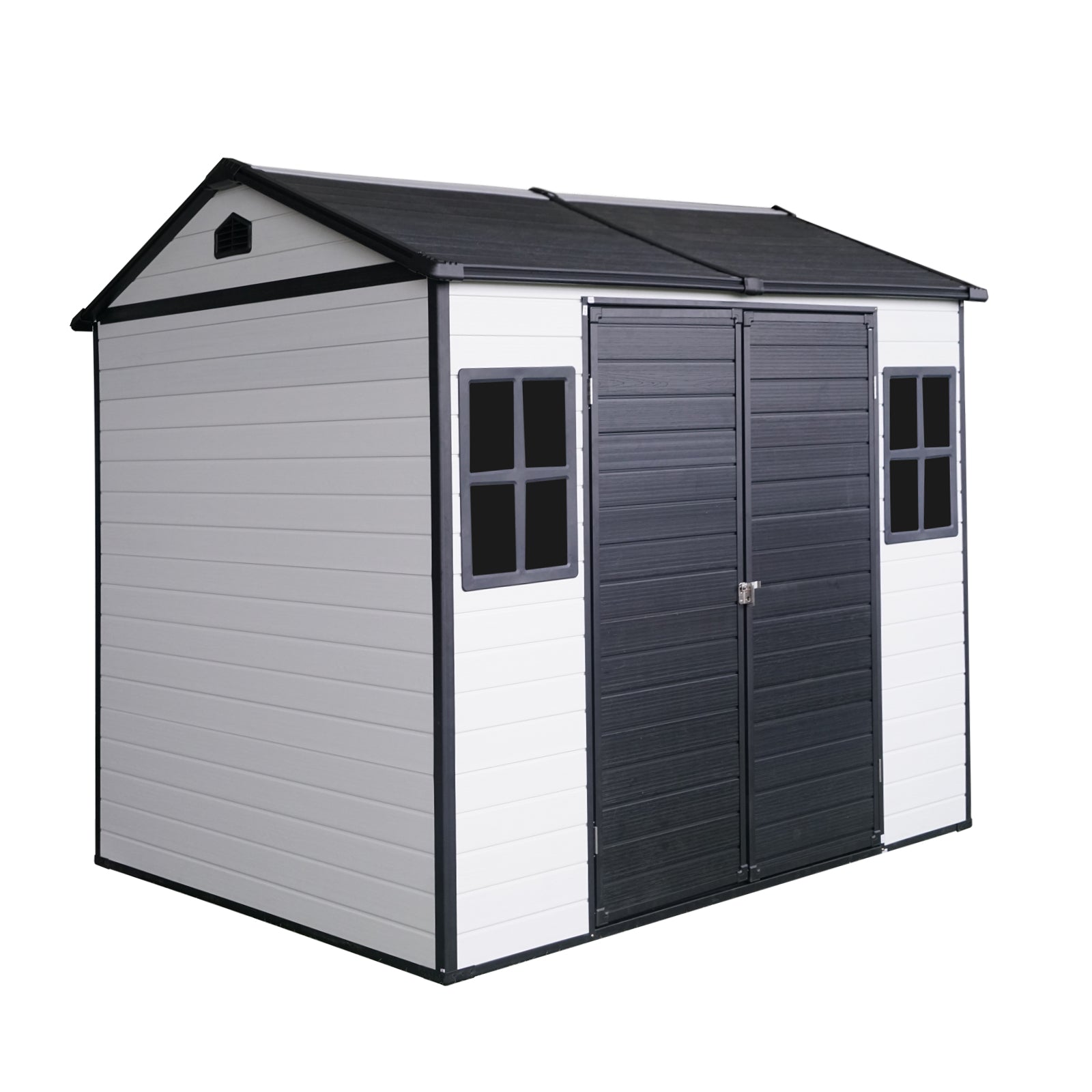 8 x 6 ft Resin Outdoor Storage Shed Waterproof Shed with Floor & Two Windows & Lockable Door, Tool Shed for Garden, Patio, Backyard,Black White