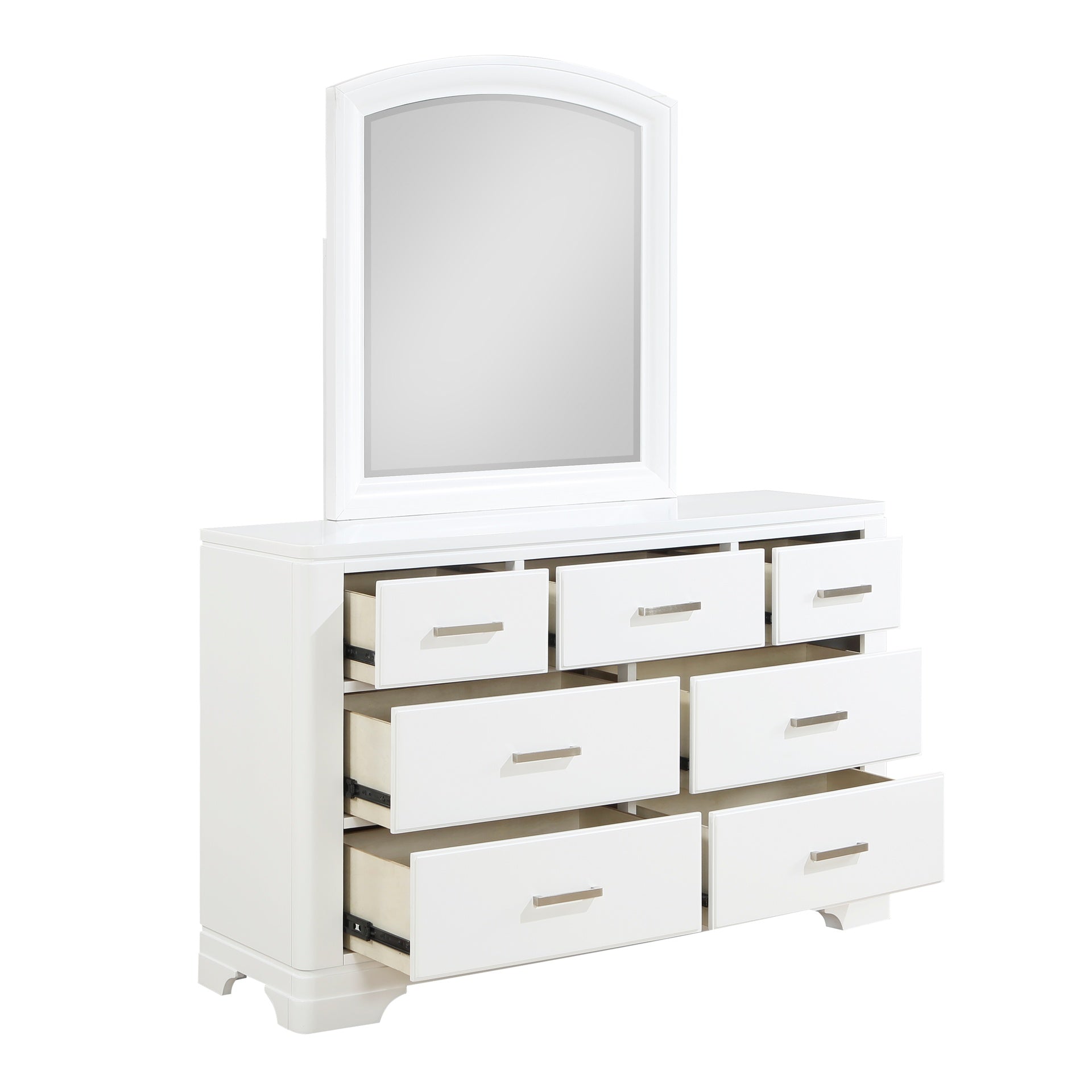 Modern White Finish Dresser Mirror Set Curve Design with 7x Drawers Smooth Glides Transitional Bedroom Furniture 1pc