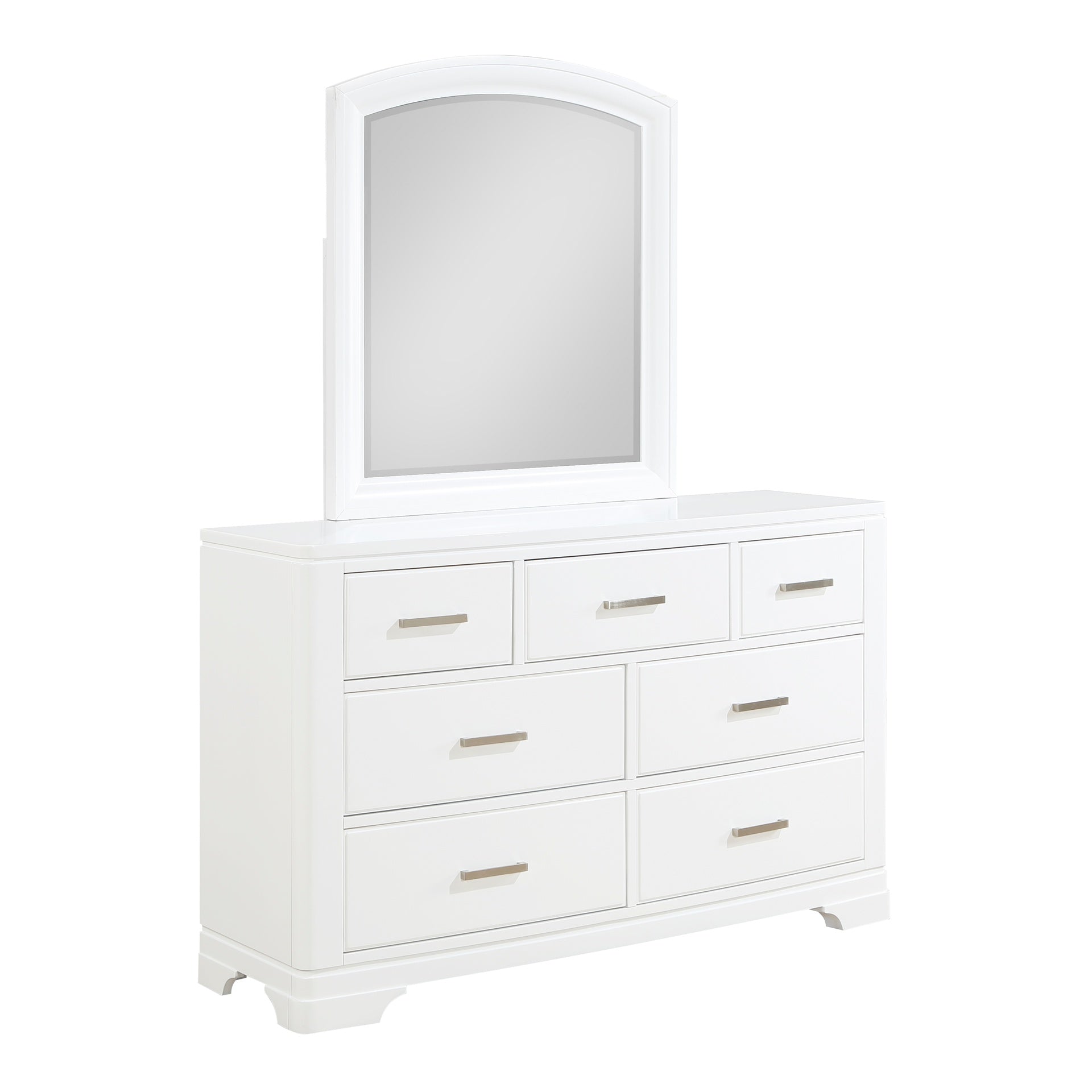 Modern White Finish Dresser Mirror Set Curve Design with 7x Drawers Smooth Glides Transitional Bedroom Furniture 1pc