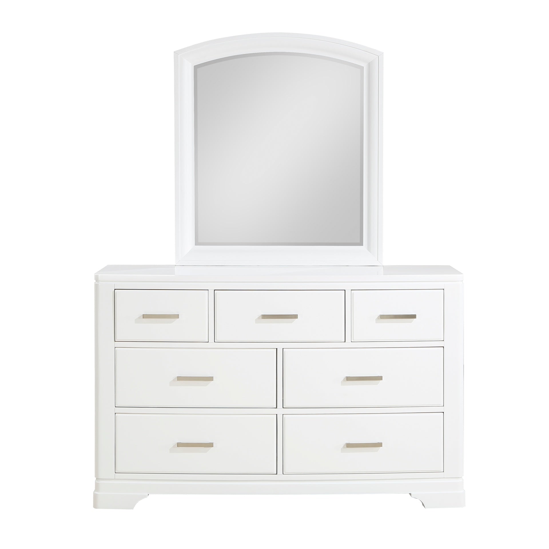 Modern White Finish Dresser Mirror Set Curve Design with 7x Drawers Smooth Glides Transitional Bedroom Furniture 1pc