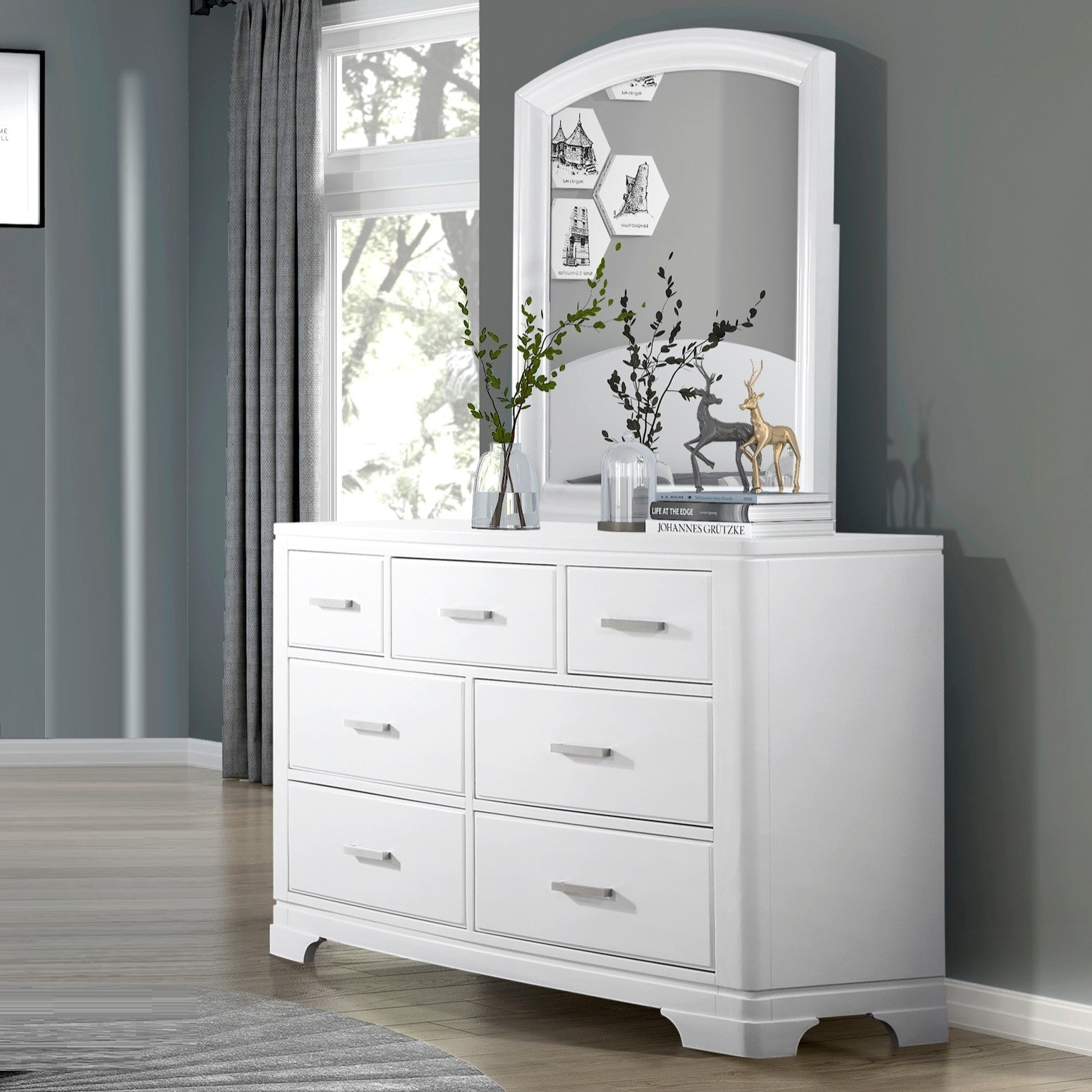 Modern White Finish Dresser Mirror Set Curve Design with 7x Drawers Smooth Glides Transitional Bedroom Furniture 1pc