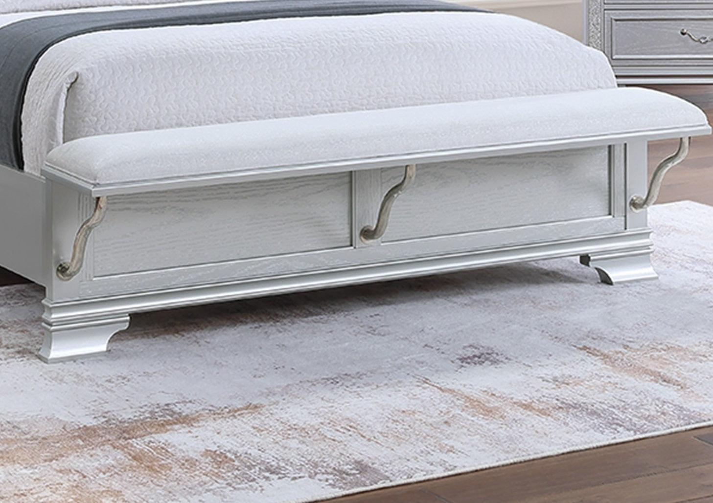 Contemporary Elegant Eastern King Size Bed w Built-in Footboard Bench Upholstered HB USB 1pc Bed Silver Finish