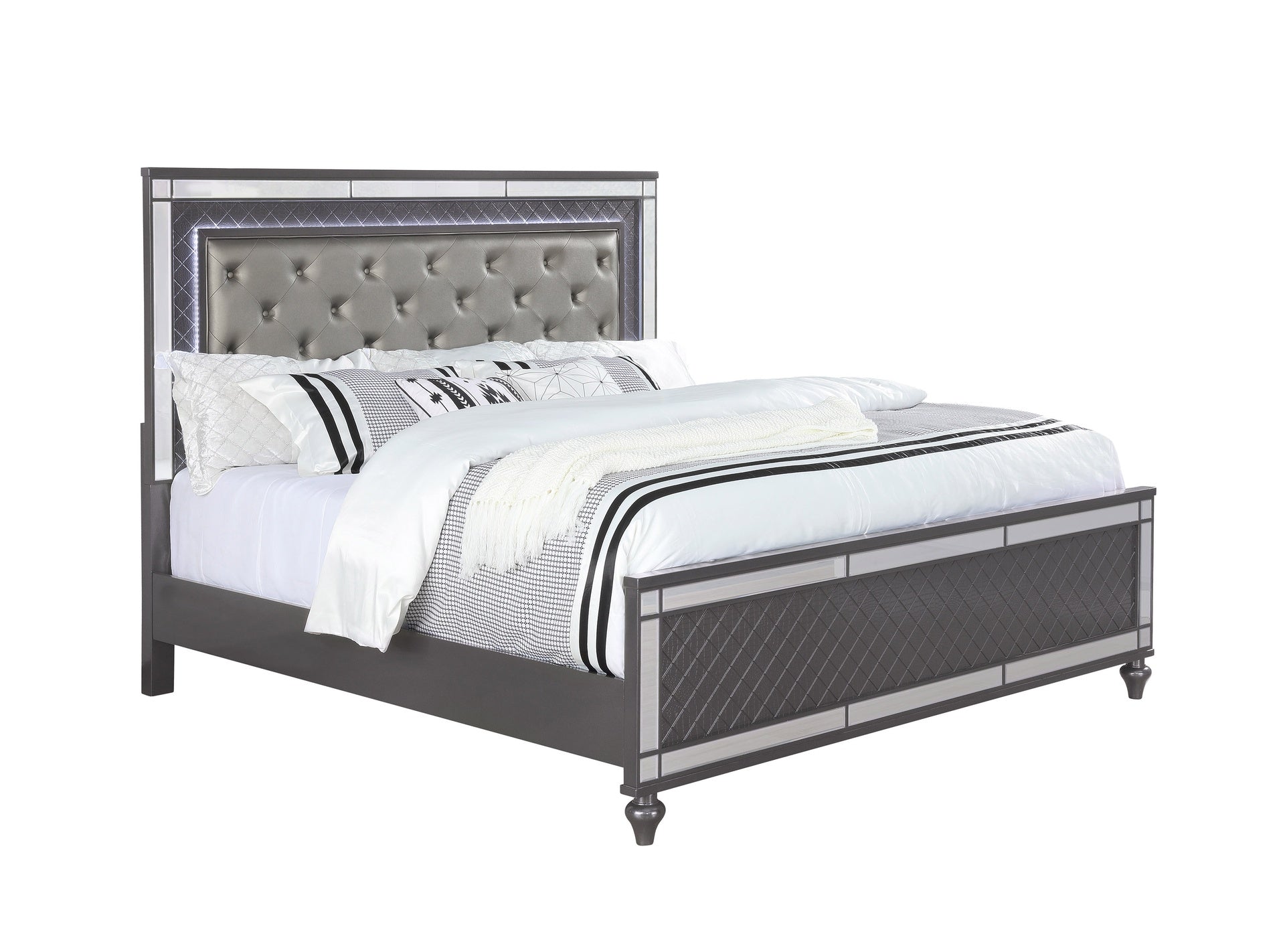 Modern Glam Style Upholstered Headboard Button Tufting Glass Inlay 1pc Queen Size Panel  LED Lights Bed Gray Faux Leather Finish Solid Wood Wooden Bedroom Furniture