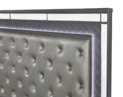 Modern Glam Style Upholstered Headboard Button Tufting Glass Inlay 1pc Queen Size Panel  LED Lights Bed Gray Faux Leather Finish Solid Wood Wooden Bedroom Furniture