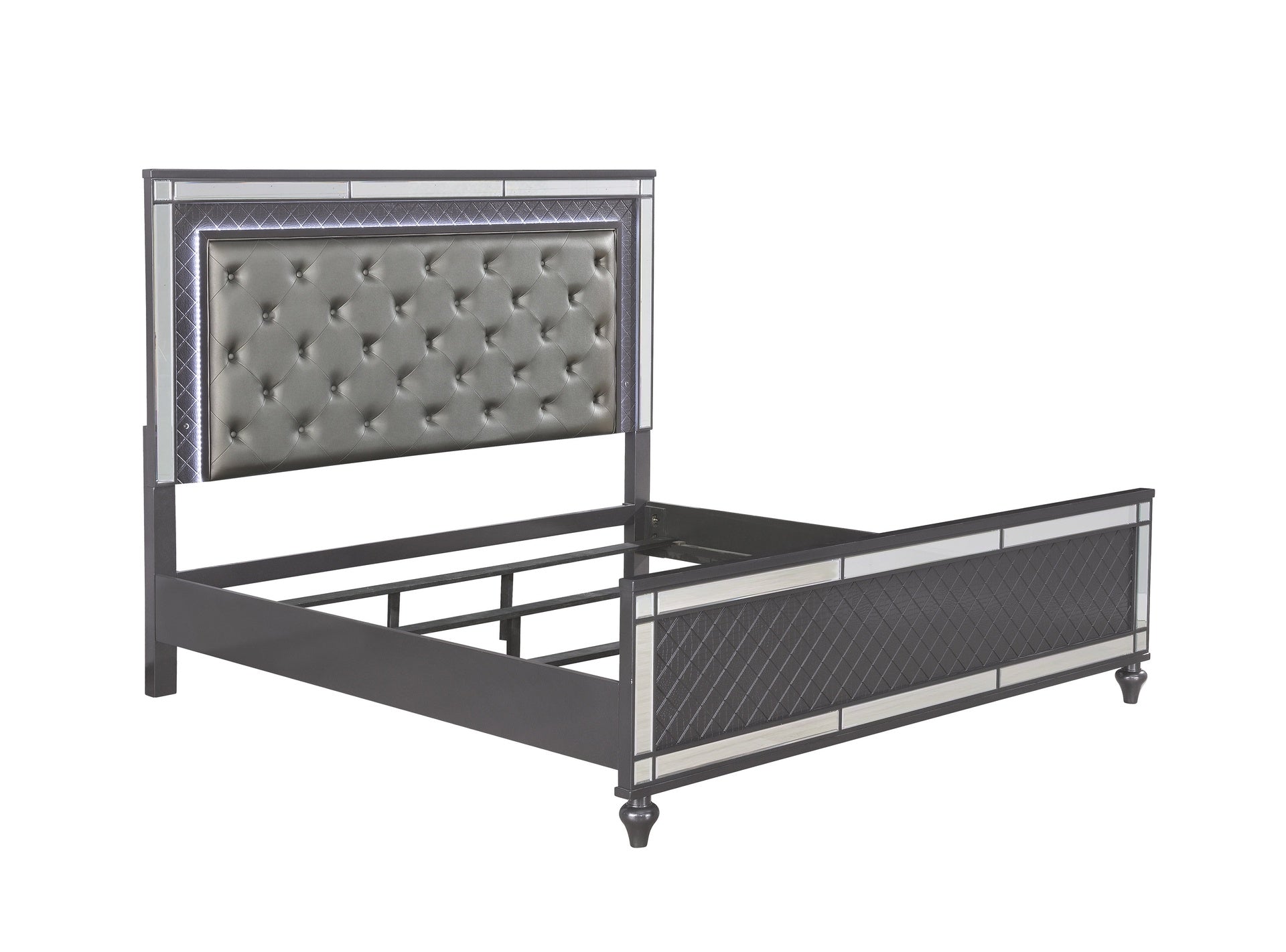 Modern Glam Style Upholstered Headboard Button Tufting Glass Inlay 1pc Queen Size Panel  LED Lights Bed Gray Faux Leather Finish Solid Wood Wooden Bedroom Furniture
