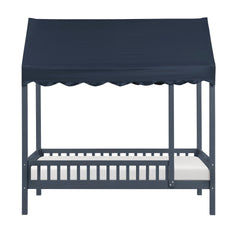 Navy Blue Finish Twin Platform Bed Canopy Fabric Shed Cover Wooden Modern Bedroom Furniture 1pc
