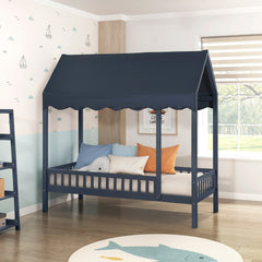 Navy Blue Finish Twin Platform Bed Canopy Fabric Shed Cover Wooden Modern Bedroom Furniture 1pc