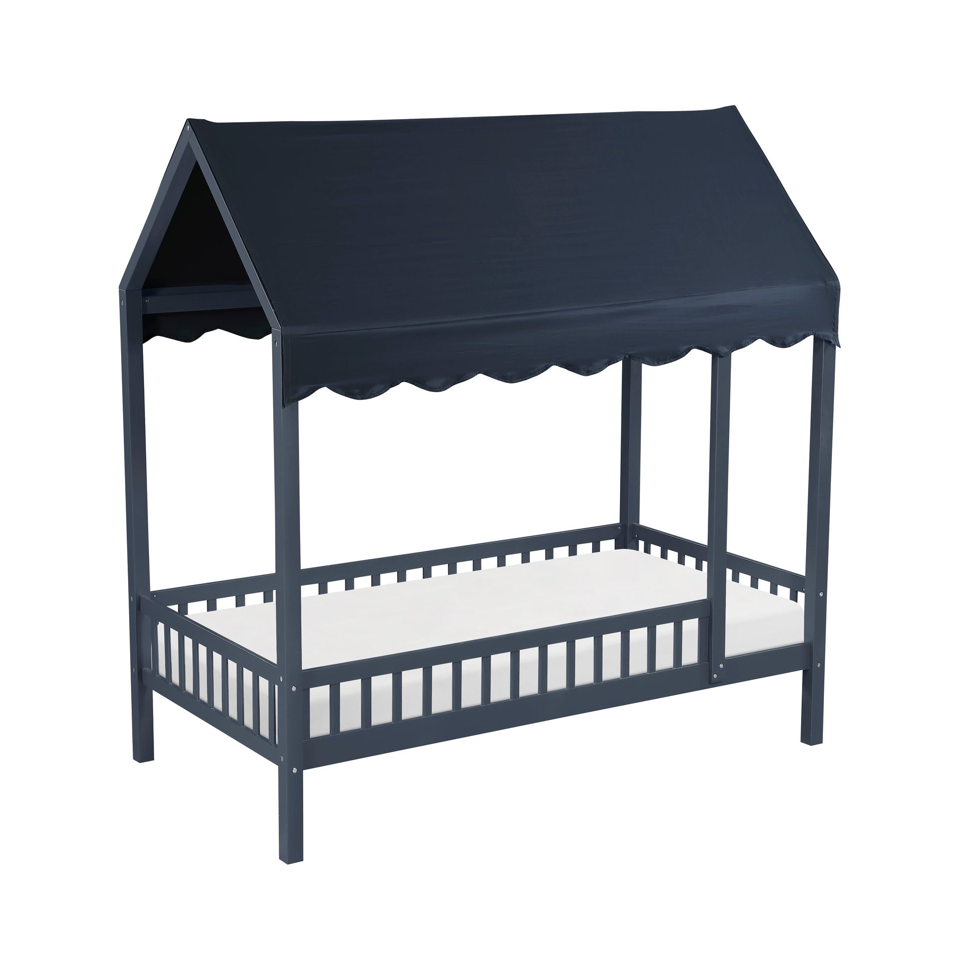 Navy Blue Finish Twin Platform Bed Canopy Fabric Shed Cover Wooden Modern Bedroom Furniture 1pc